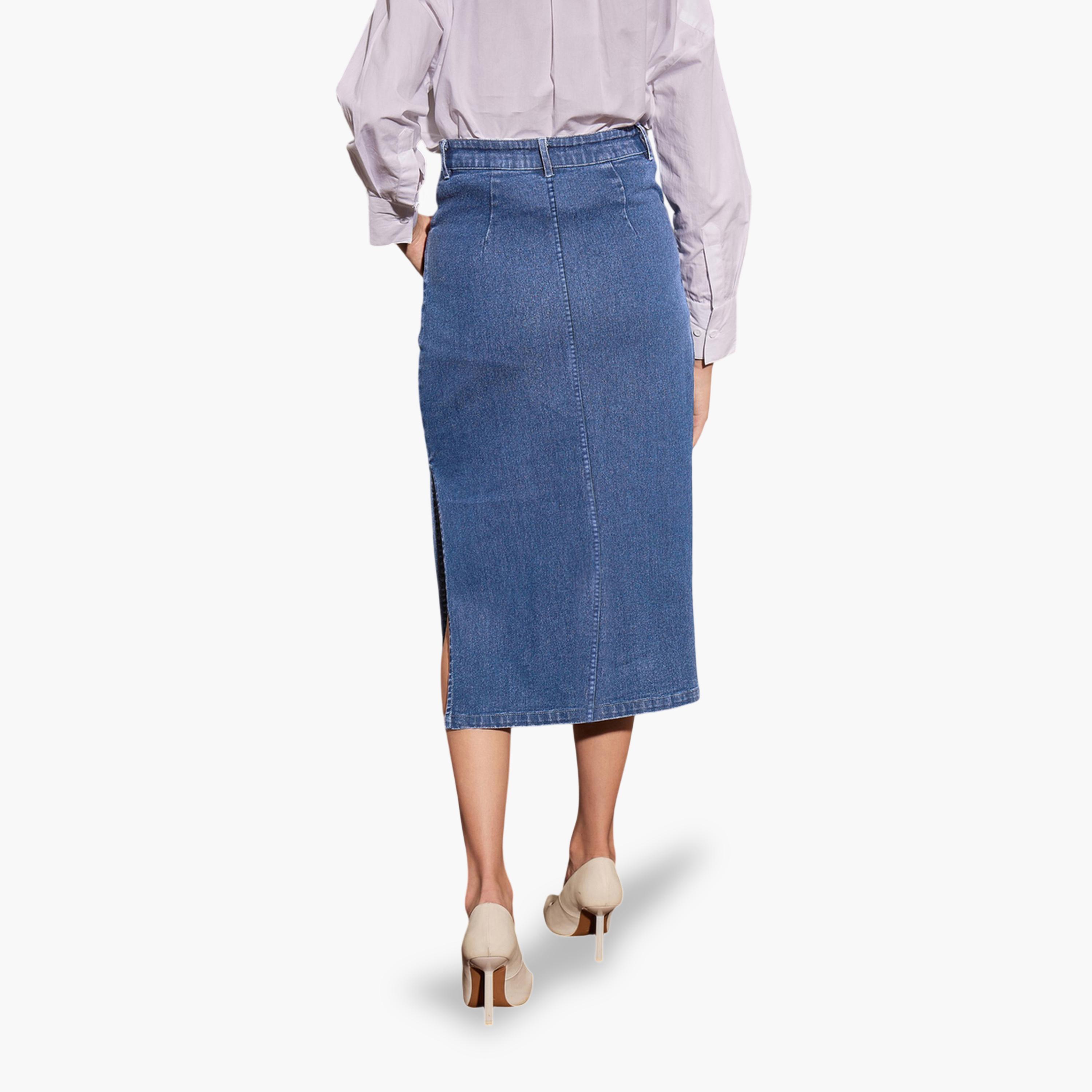 ساسافراس × ستايلي - تنورة جينز زرقاء ضيقة فتحة جانبية-women-clothing-skirts-image-5