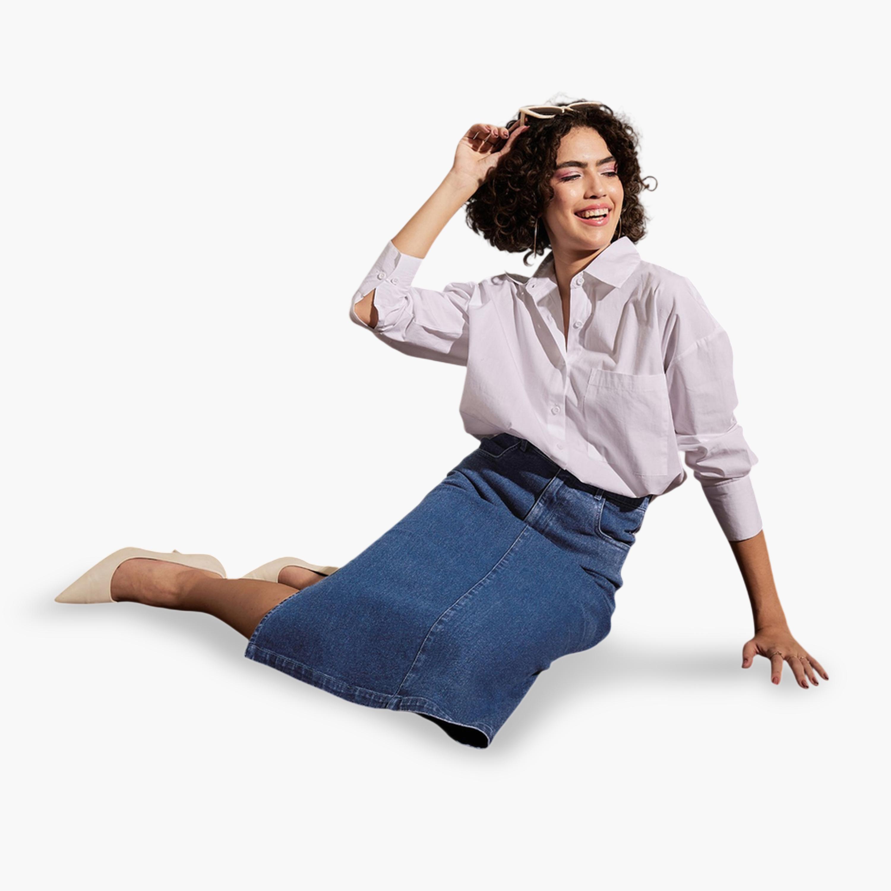 ساسافراس × ستايلي - تنورة جينز زرقاء ضيقة فتحة جانبية-women-clothing-skirts-image-6