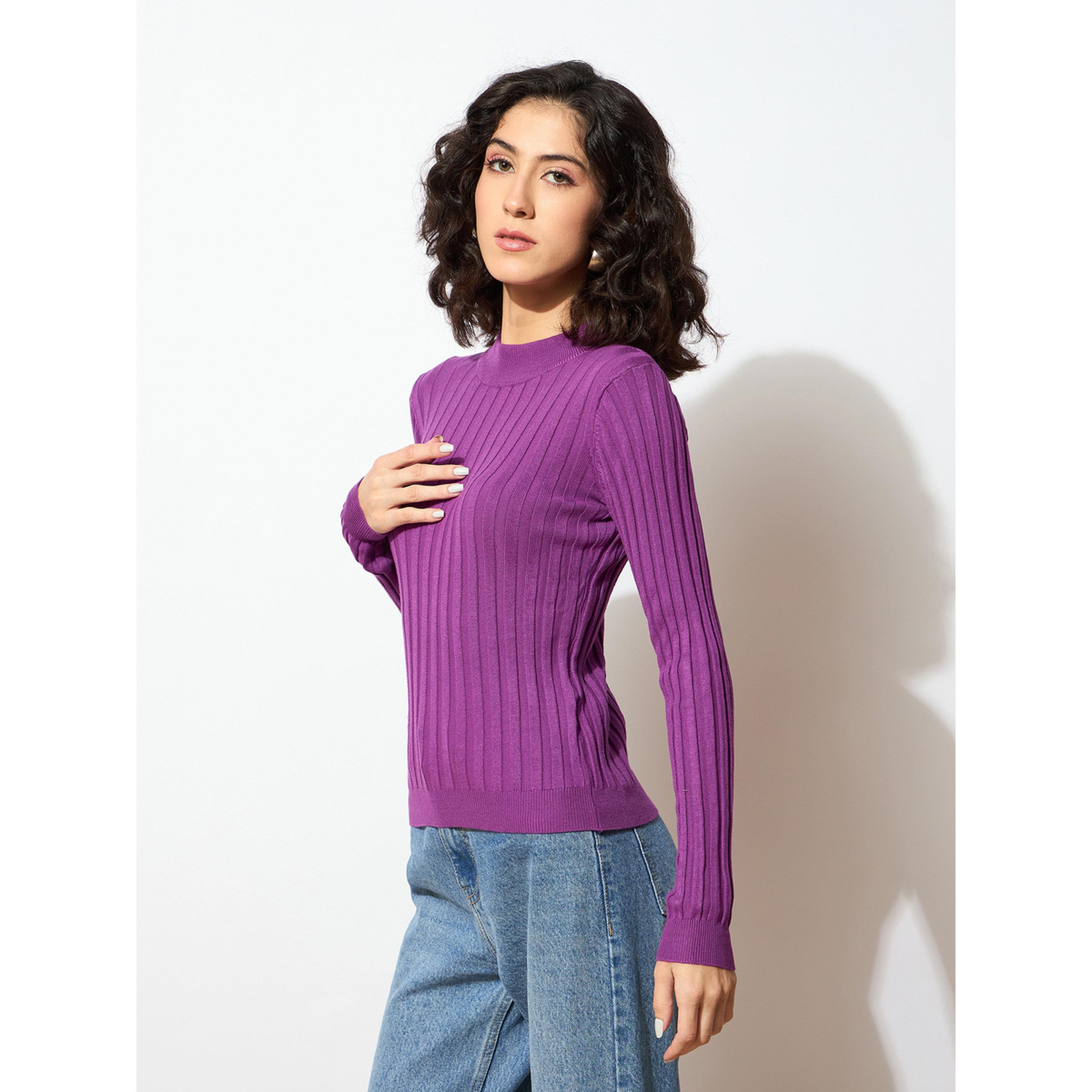 كنزة بنفسجية بتفاصيل مضلعة وياقة عالية-women-clothing-cardigansandjumpers-jumpers-image-1