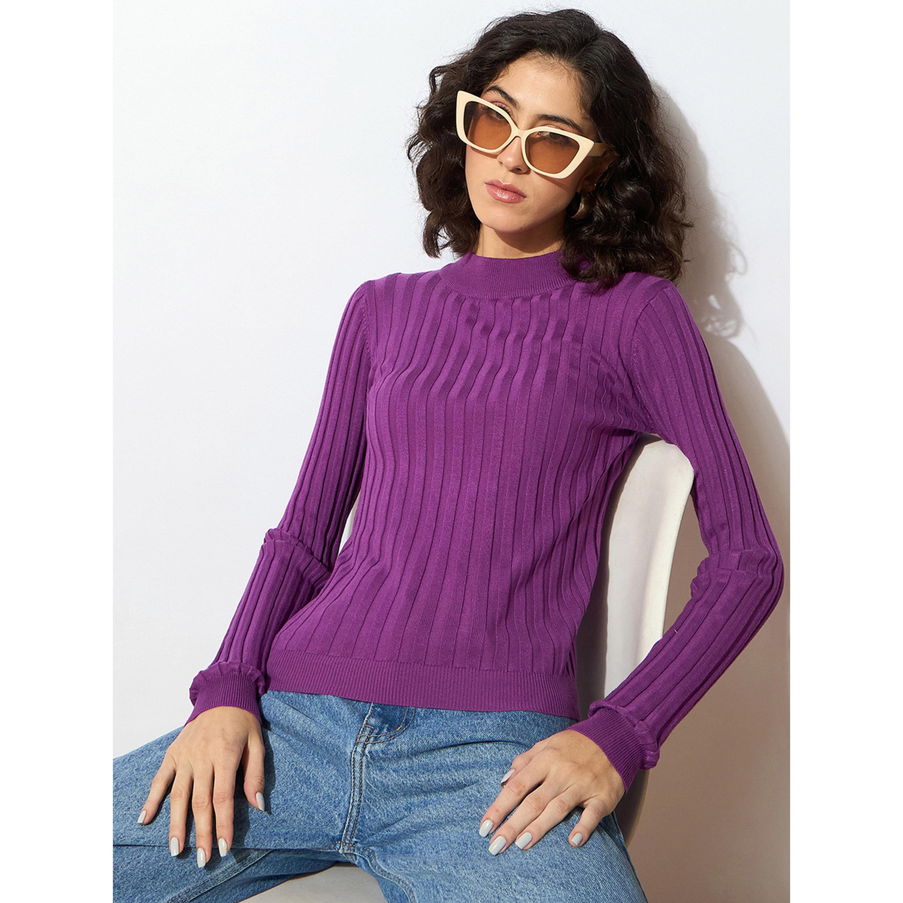 كنزة بنفسجية بتفاصيل مضلعة وياقة عالية-women-clothing-cardigansandjumpers-jumpers-image-2