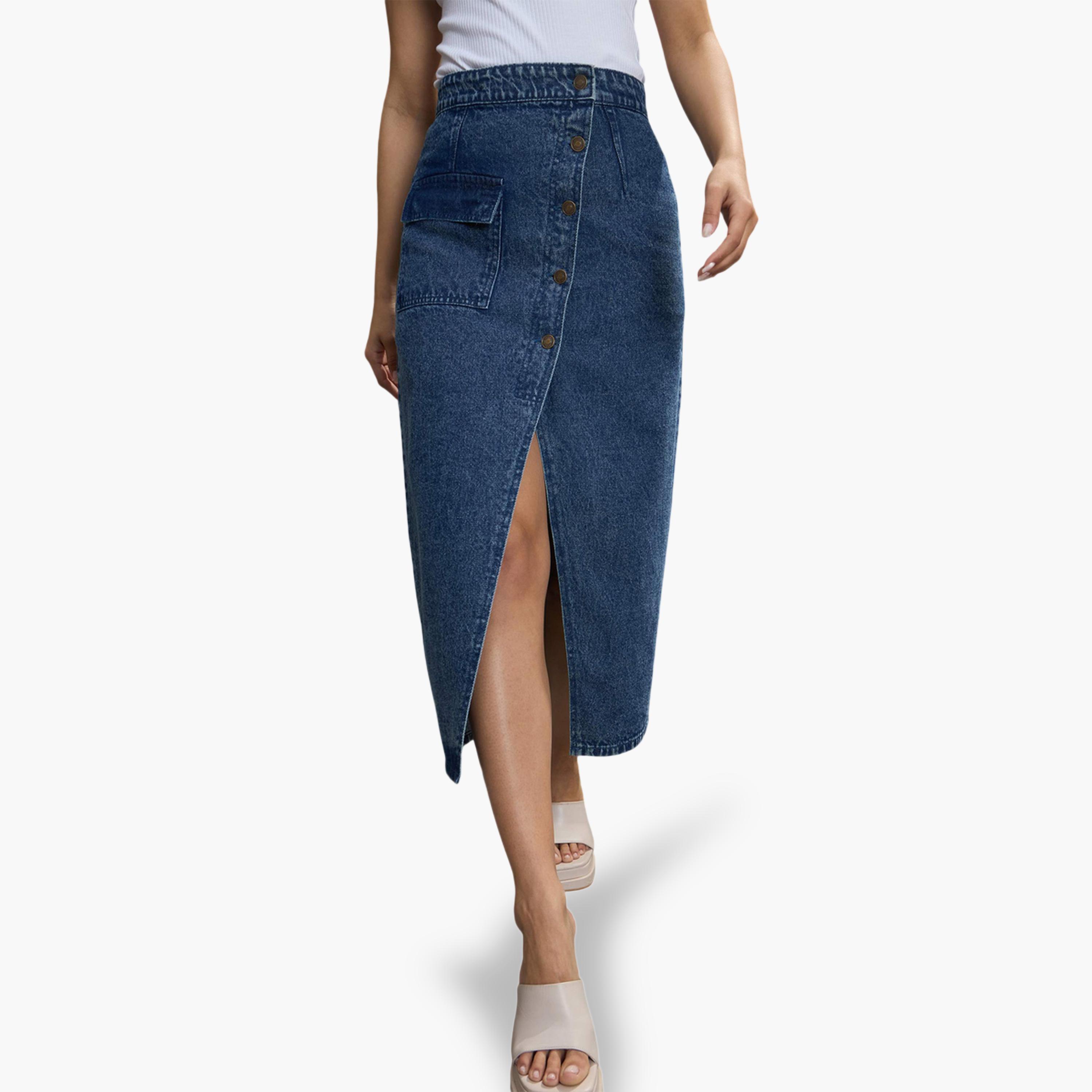 ساسافراس × ستايلي - تنورة جينز زرقاء متوسطة الطول تصميم A وأزرار أمامية-women-clothing-skirts-image-1