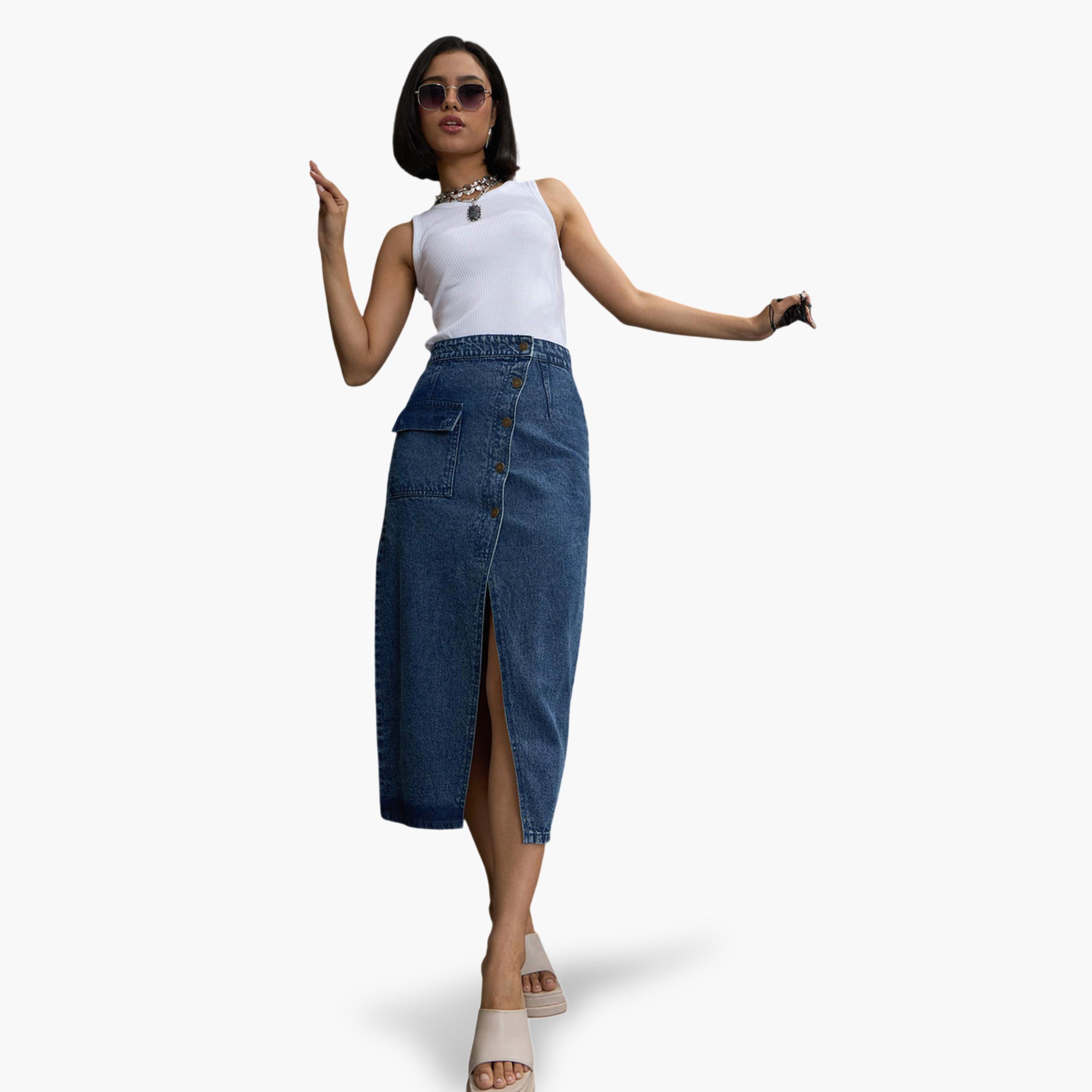 ساسافراس × ستايلي - تنورة جينز زرقاء متوسطة الطول تصميم A وأزرار أمامية-women-clothing-skirts-image-2