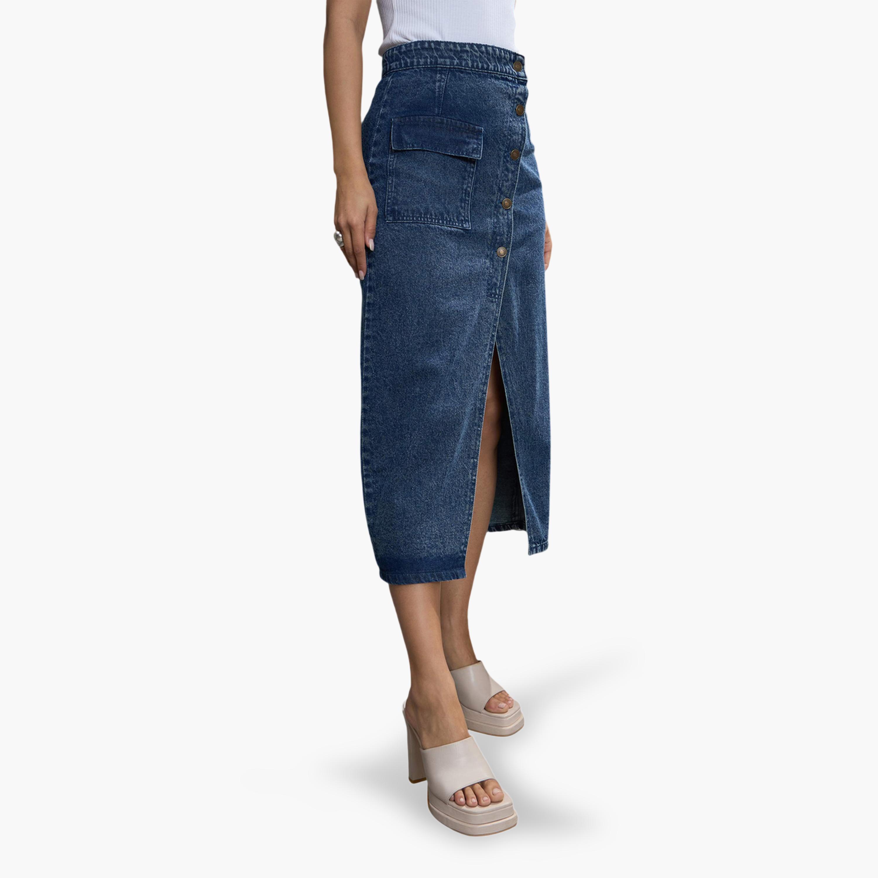 Sassafras X Styli Blue A-Line Button-Front Midi Denim Skirt-women-clothing-skirts-image-3