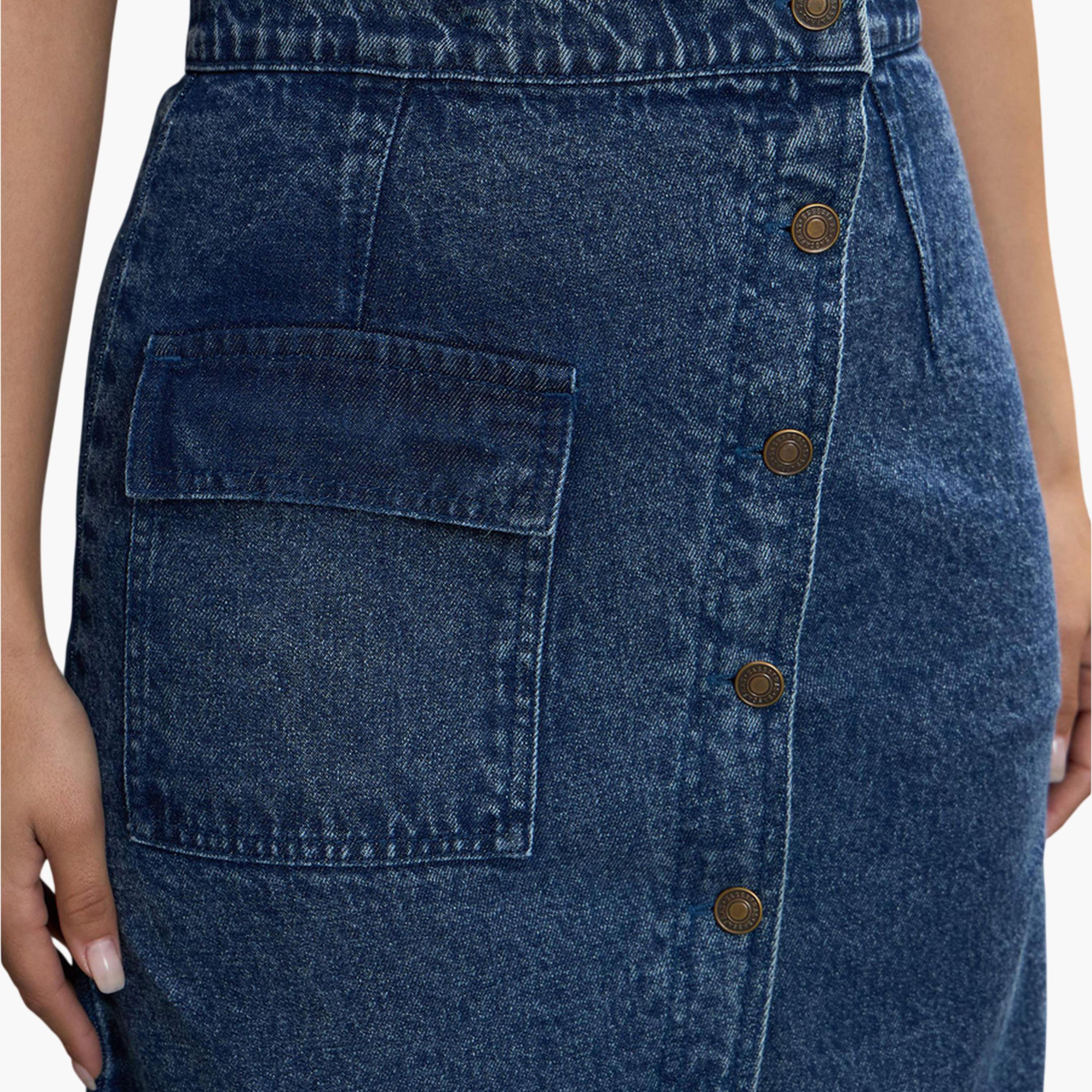 ساسافراس × ستايلي - تنورة جينز زرقاء متوسطة الطول تصميم A وأزرار أمامية-women-clothing-skirts-image-4