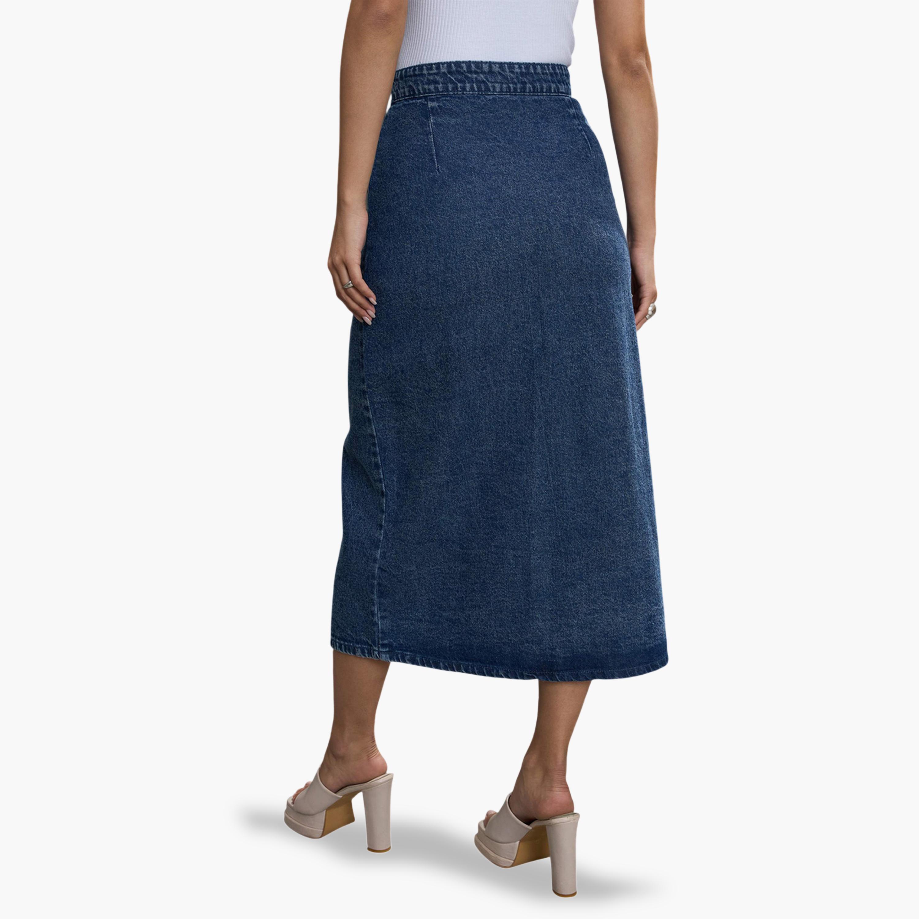 Sassafras X Styli Blue A-Line Button-Front Midi Denim Skirt-women-clothing-skirts-image-5