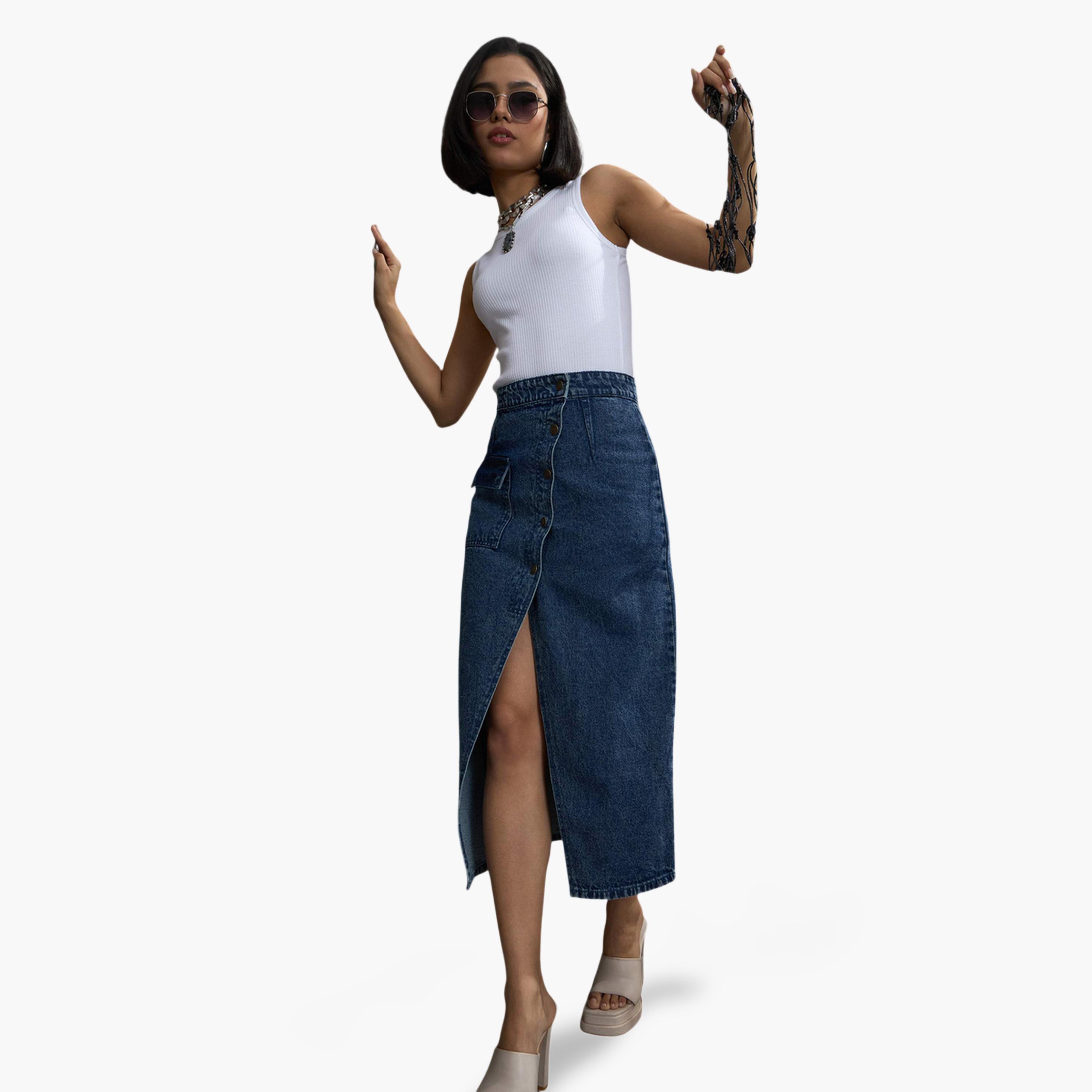 ساسافراس × ستايلي - تنورة جينز زرقاء متوسطة الطول تصميم A وأزرار أمامية-women-clothing-skirts-image-6