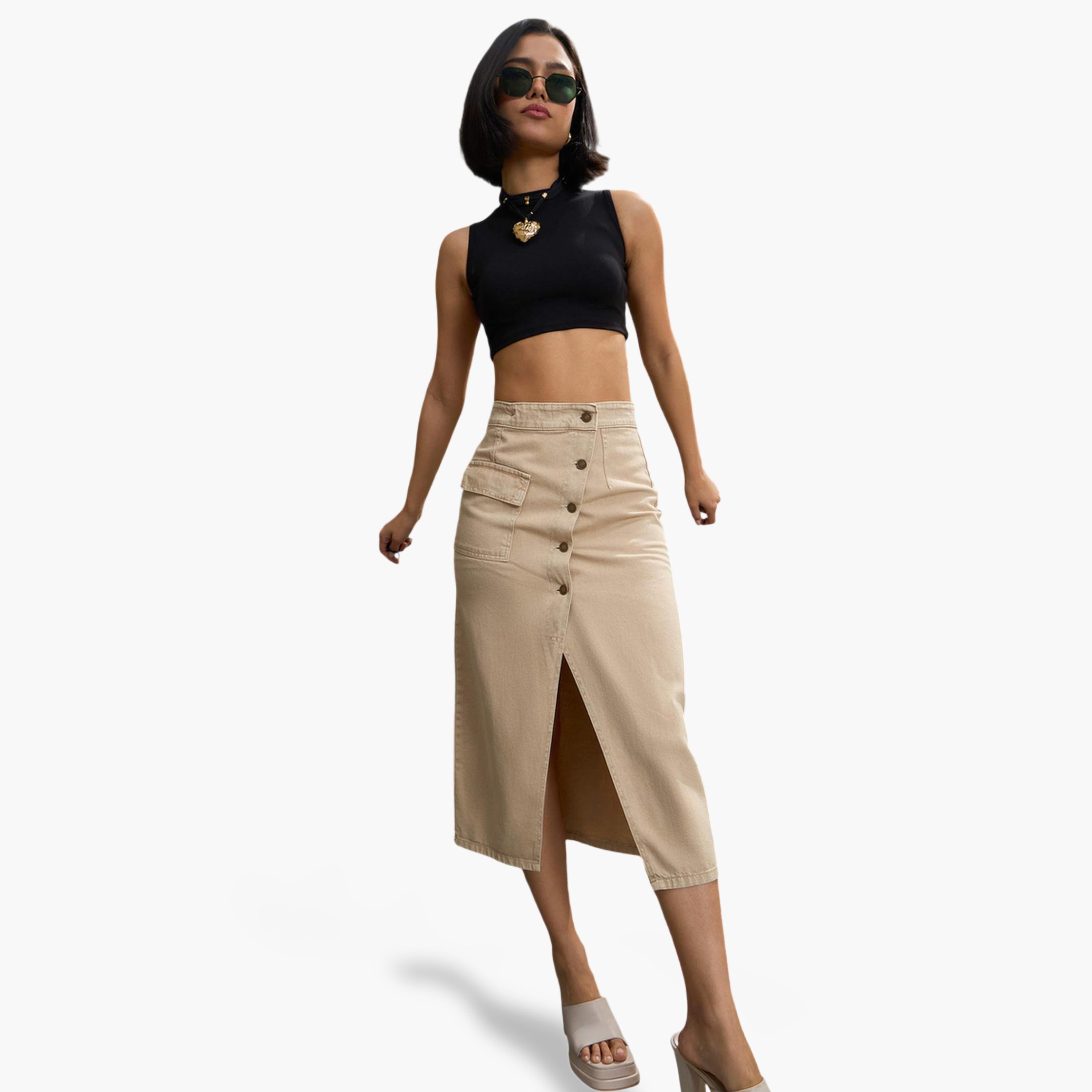 Sassafras X Styli Beige Button-Front A-Line Midi Skirt-women-clothing-skirts-image-1
