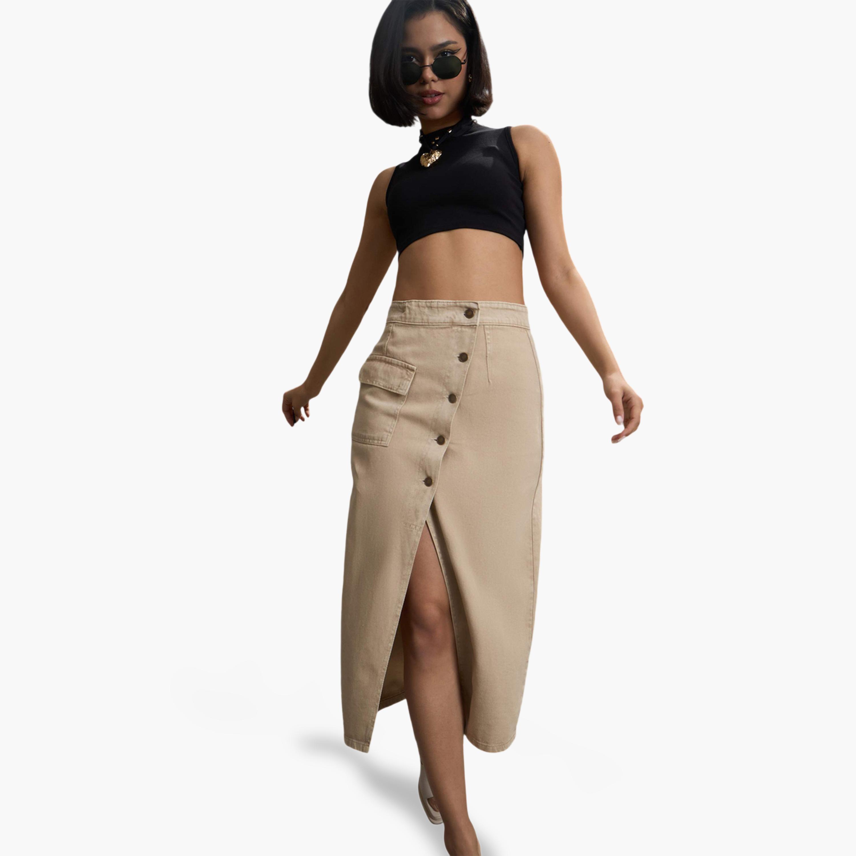Sassafras X Styli Beige Button-Front A-Line Midi Skirt-women-clothing-skirts-image-2