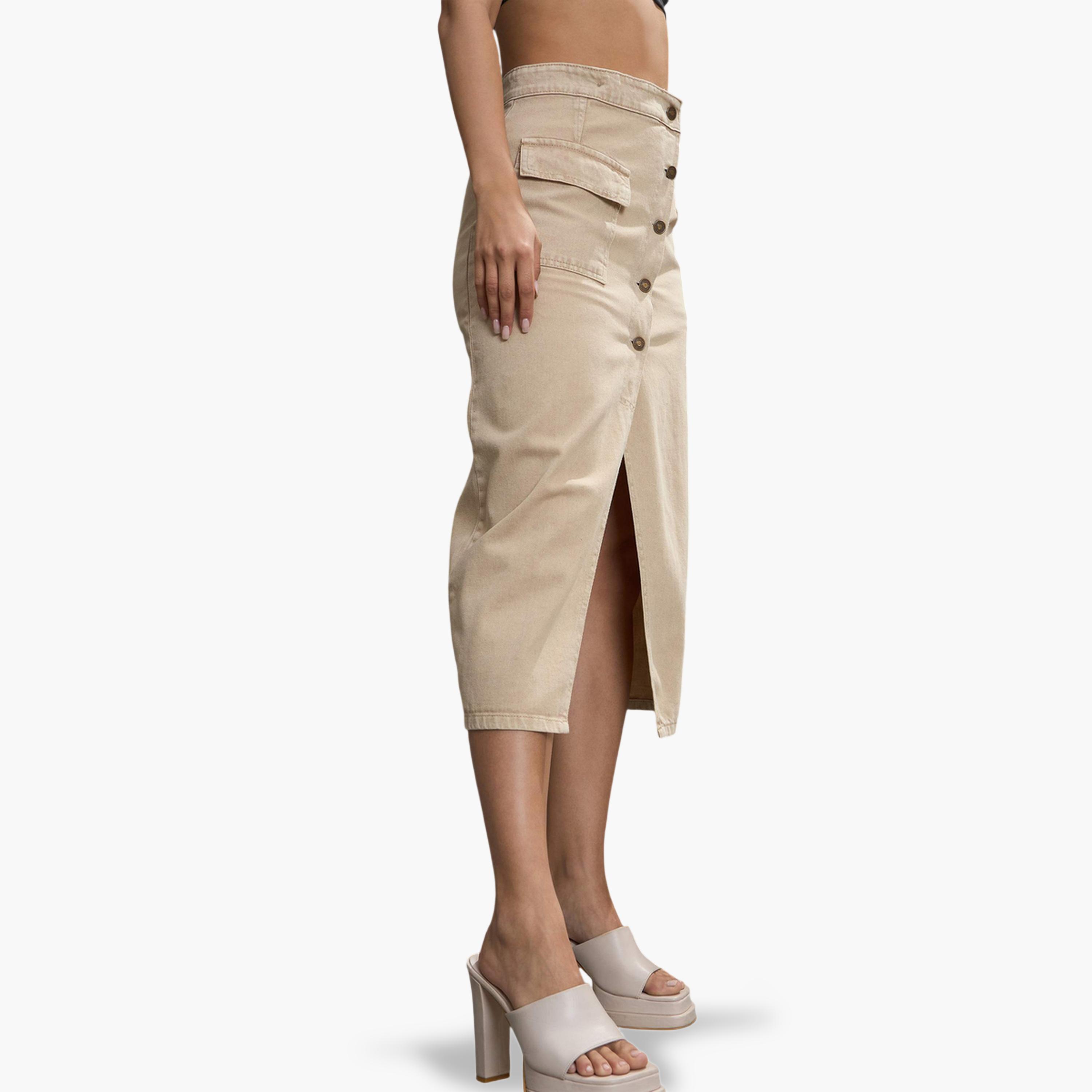 Sassafras X Styli Beige Button-Front A-Line Midi Skirt-women-clothing-skirts-image-3
