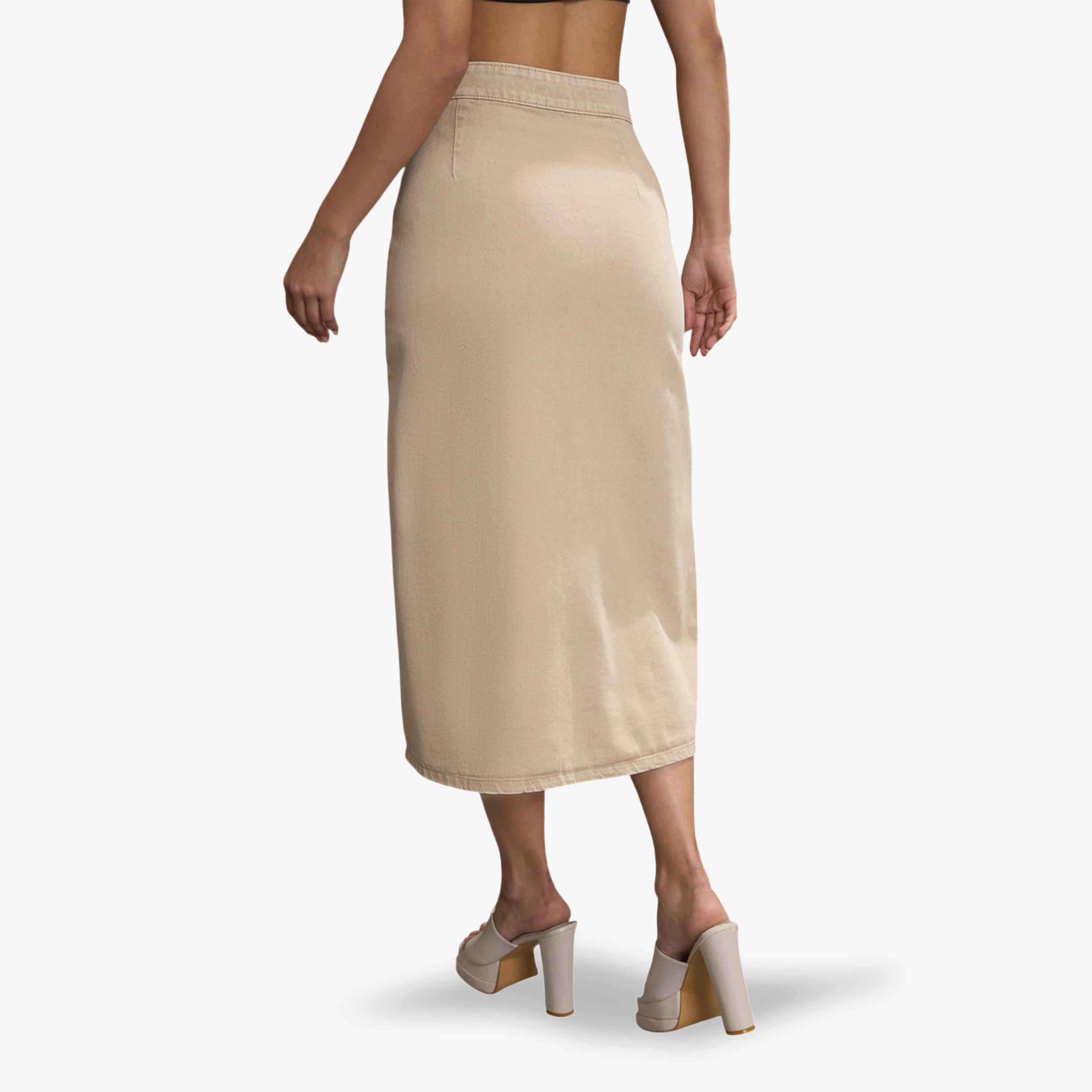 Sassafras X Styli Beige Button-Front A-Line Midi Skirt-women-clothing-skirts-image-5