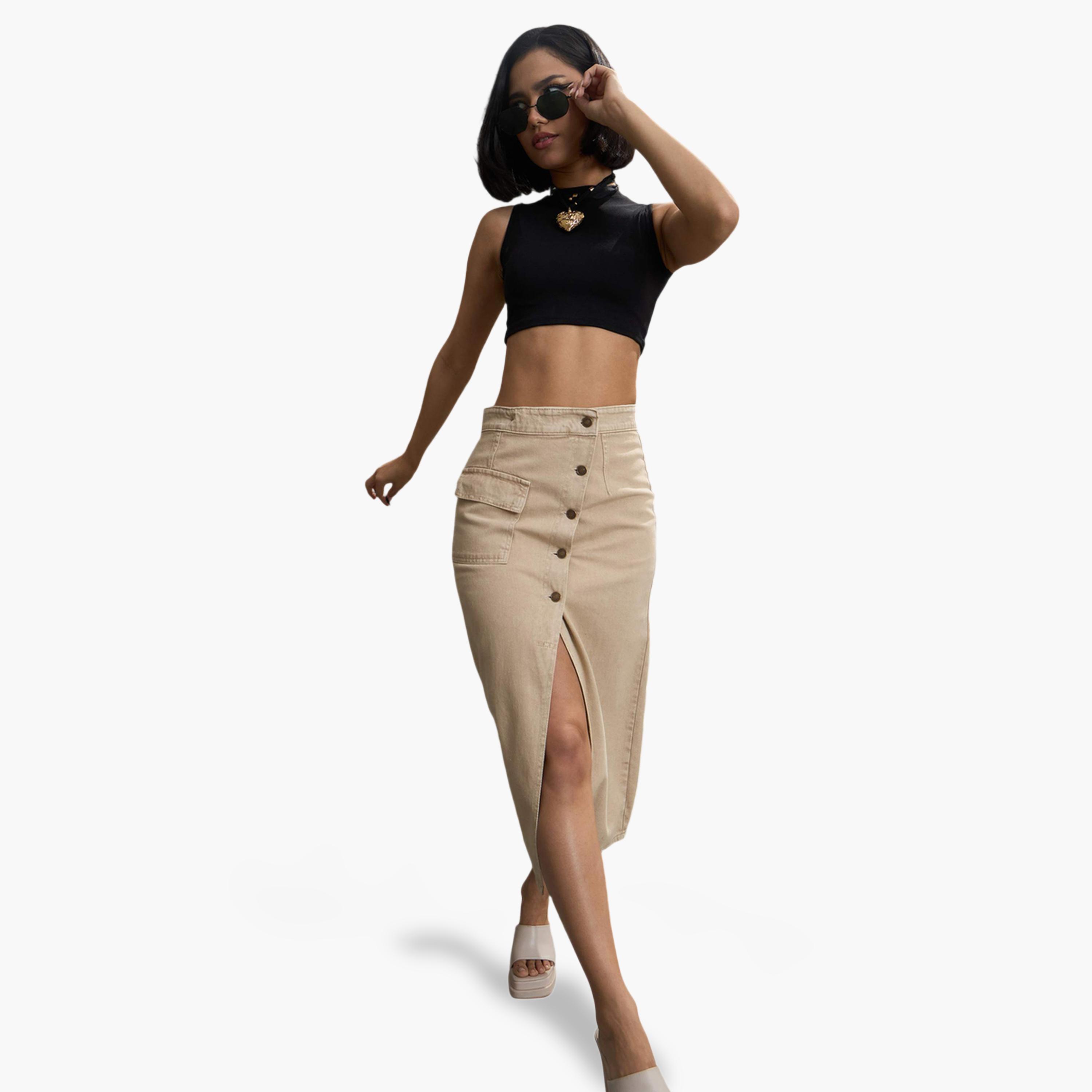 Sassafras X Styli Beige Button-Front A-Line Midi Skirt-women-clothing-skirts-image-6