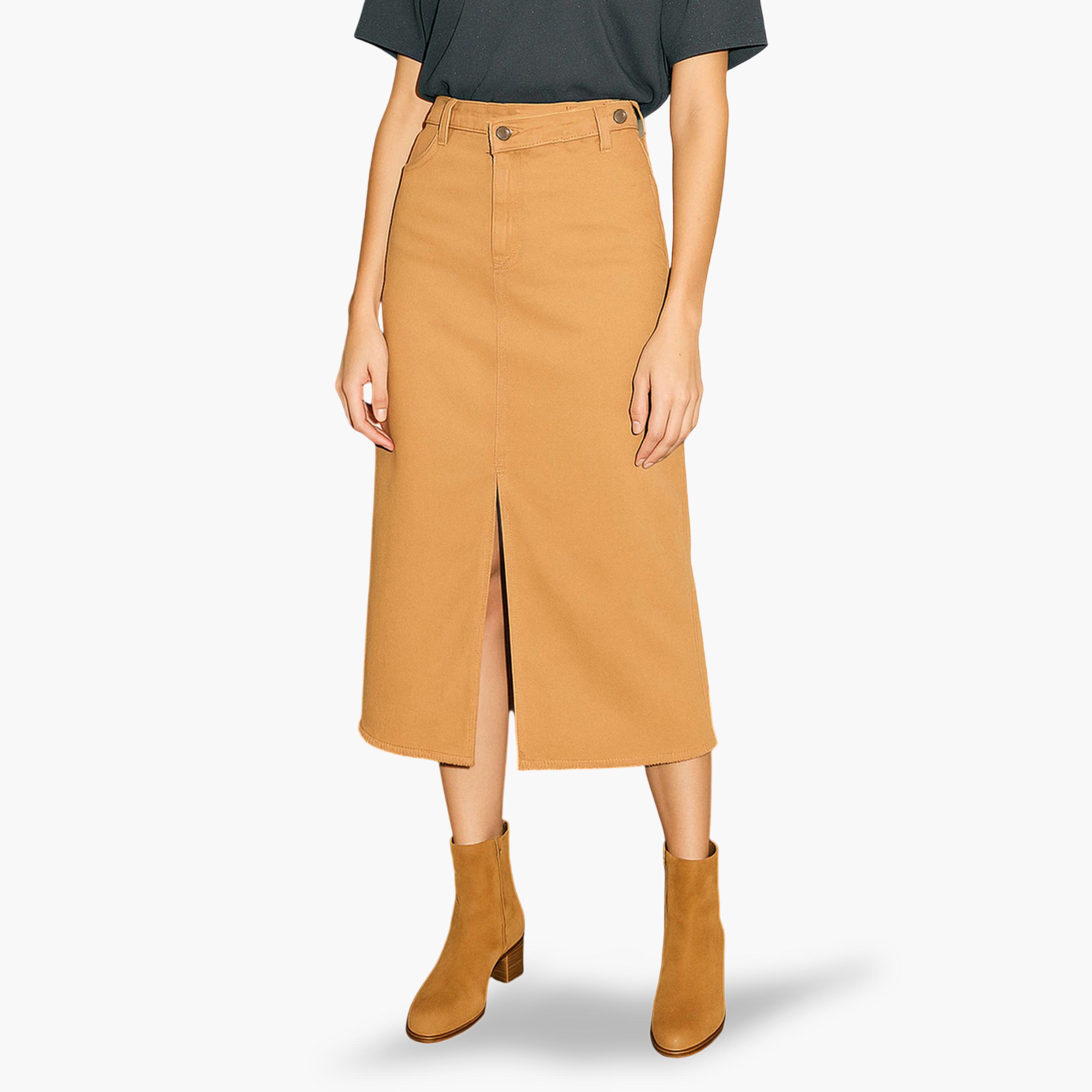 Sassafras X Styli Rust Midi Denim Skirt with Front Slit-women-clothing-skirts-image-1