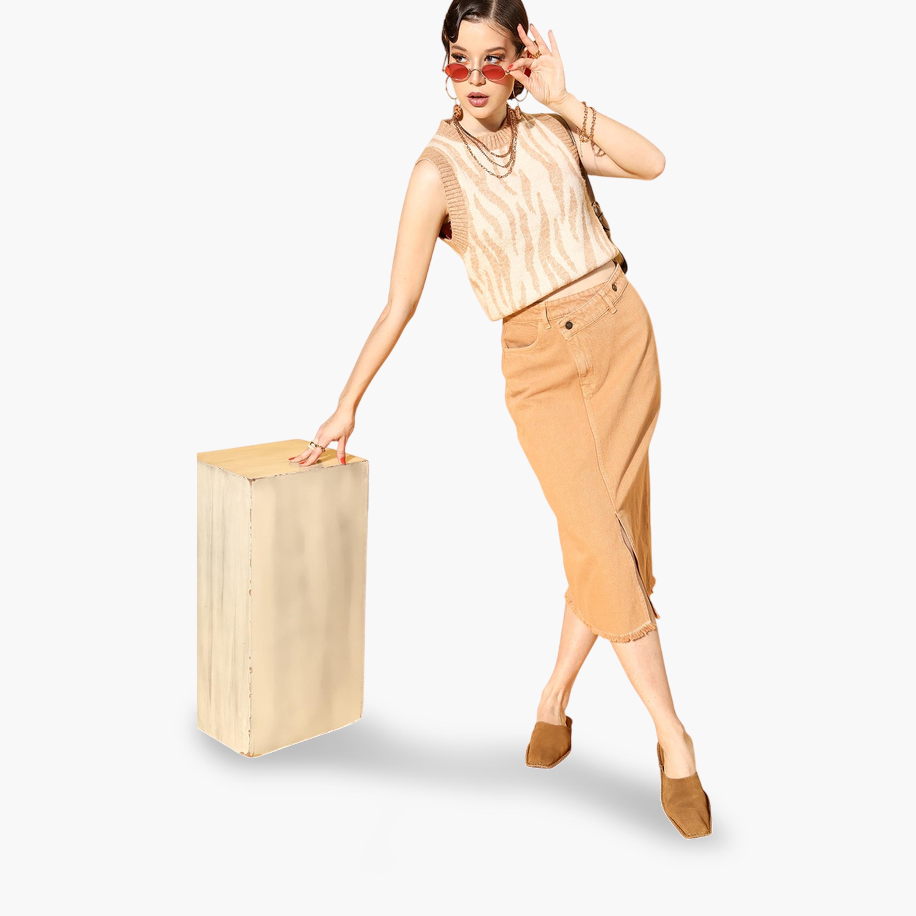 ساسافراس × ستايلي - تنورة جينز متوسطة الطول بلون الصدأ مع فتحة أمامية-women-clothing-skirts-image-2
