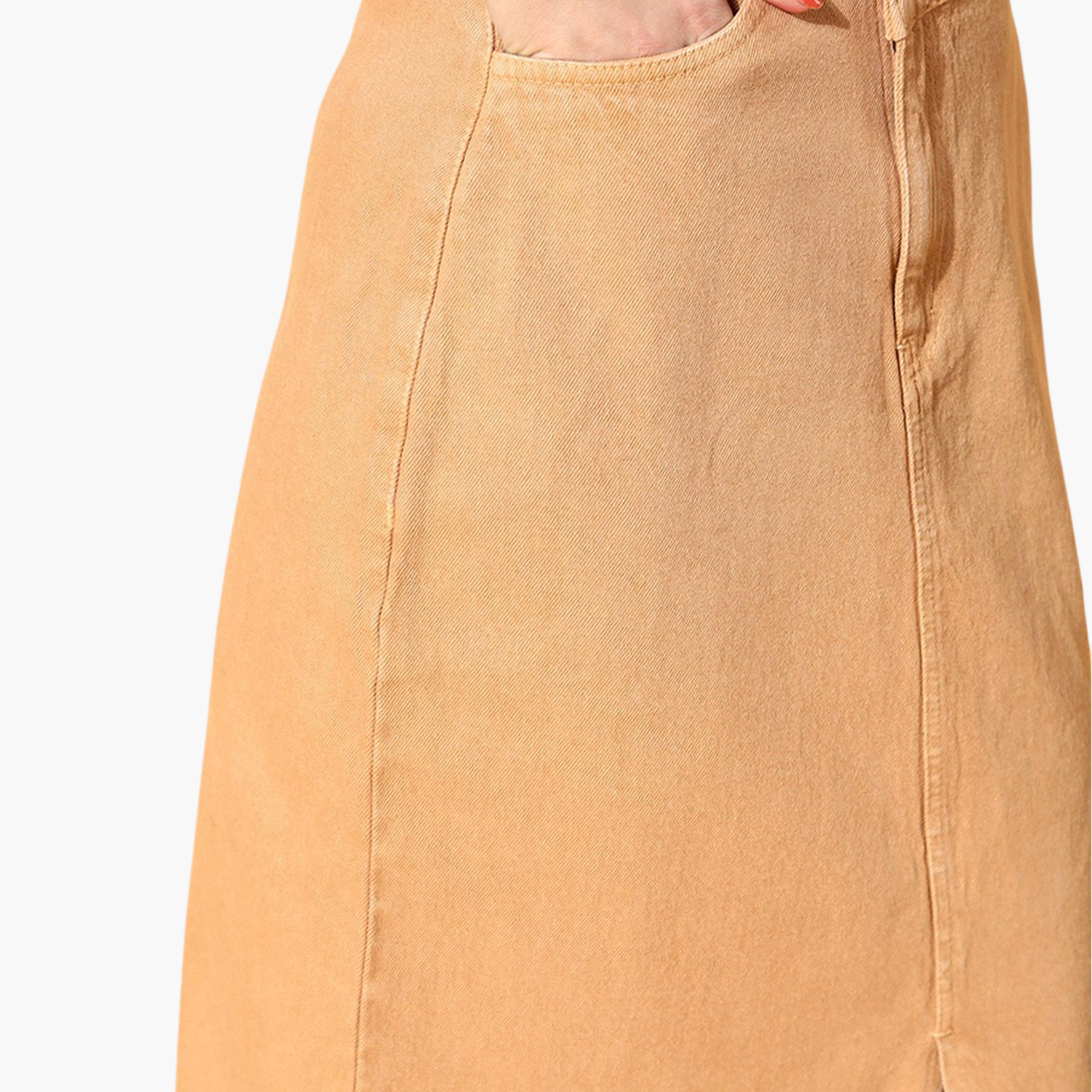 Sassafras X Styli Rust Midi Denim Skirt with Front Slit-women-clothing-skirts-image-3