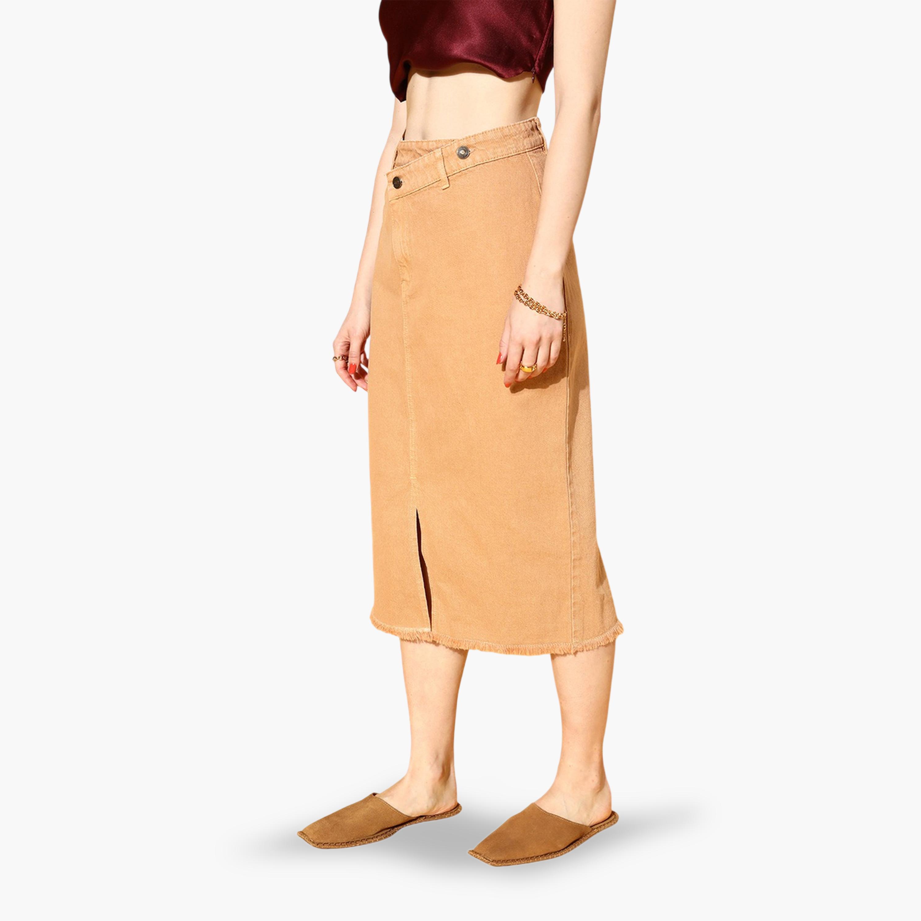 ساسافراس × ستايلي - تنورة جينز متوسطة الطول بلون الصدأ مع فتحة أمامية-women-clothing-skirts-image-4
