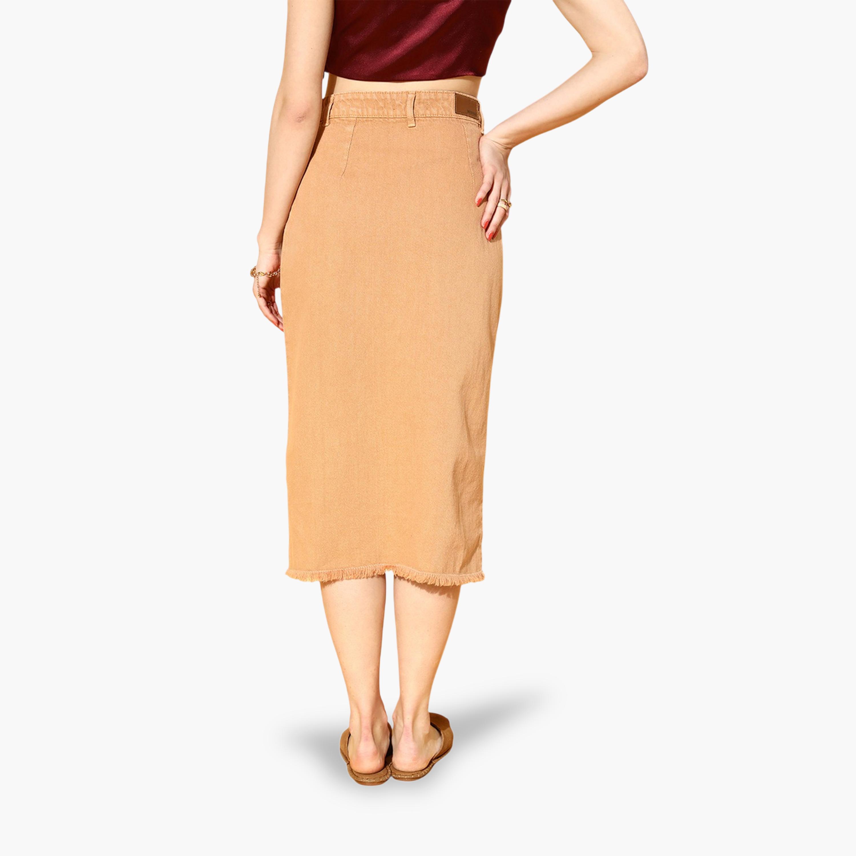 Sassafras X Styli Rust Midi Denim Skirt with Front Slit-women-clothing-skirts-image-5