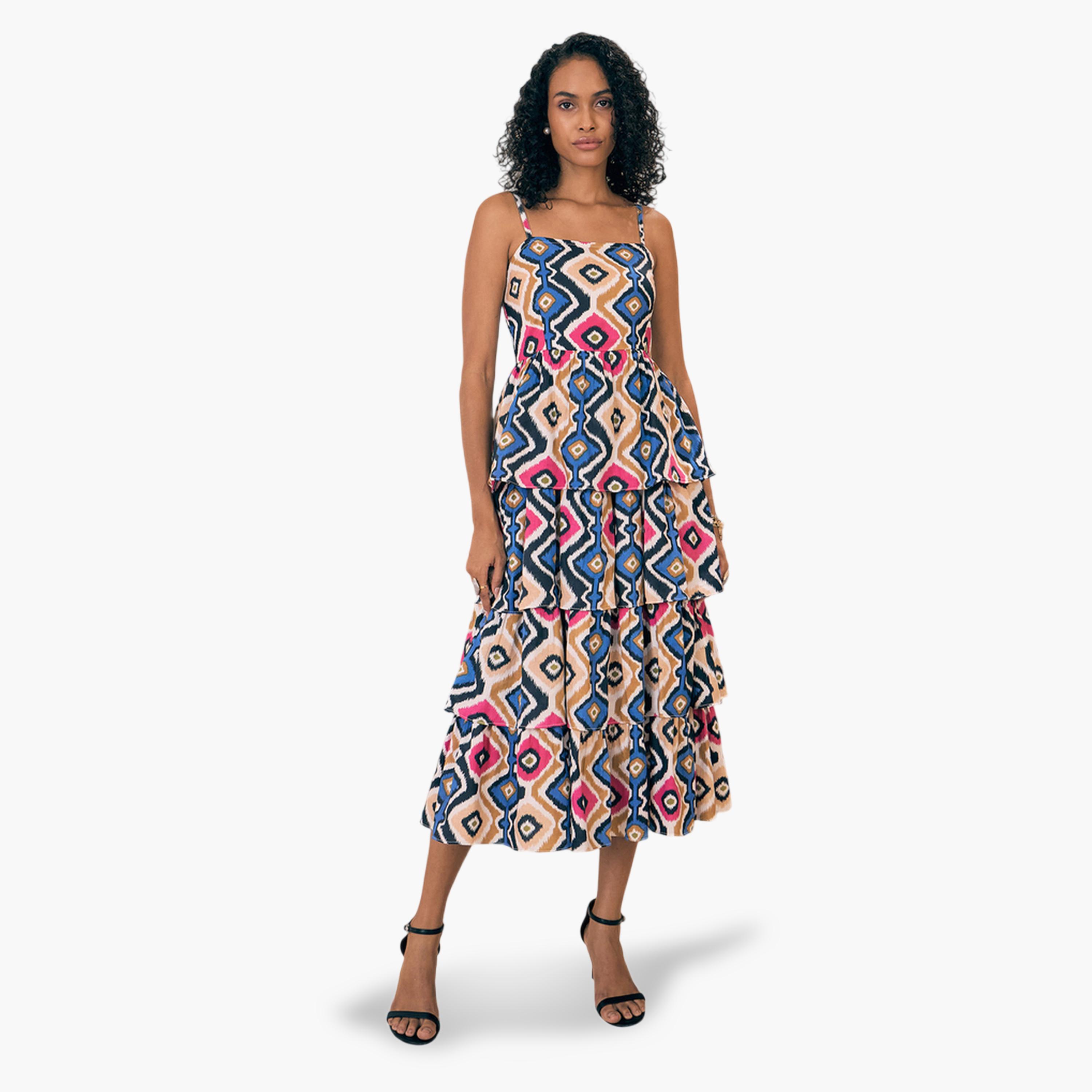 Sassafras X Styli Multi Abstract Print Tiered Midi Dress-women-clothing-dresses-image-1