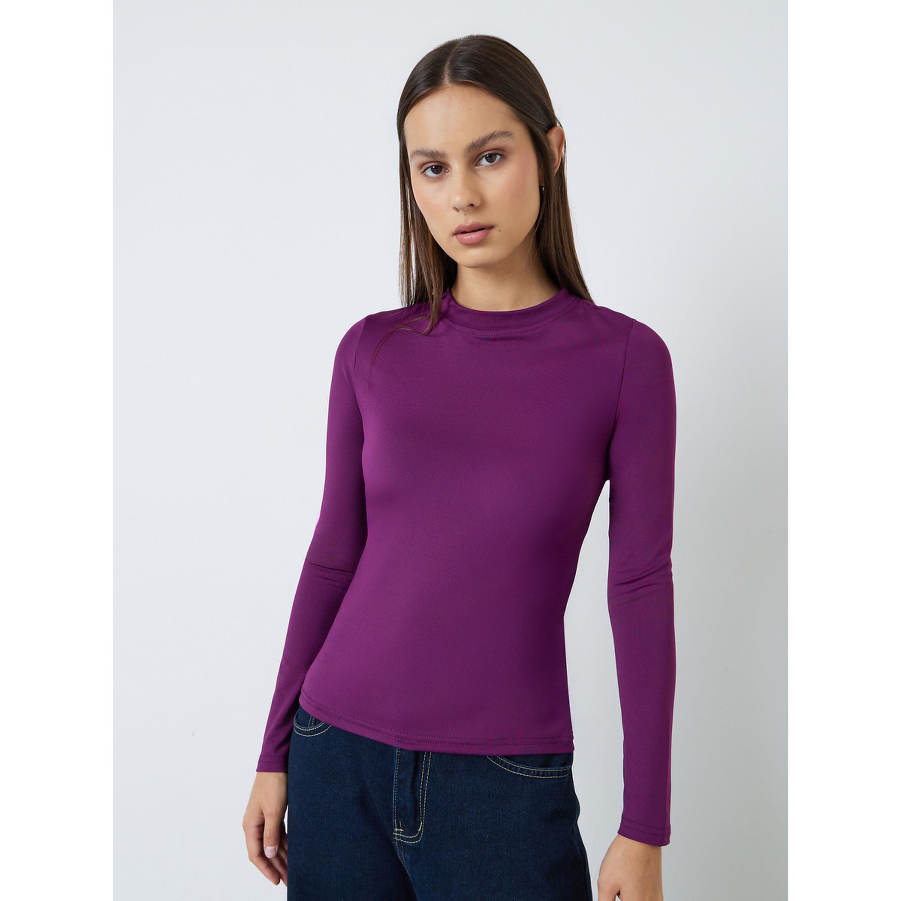 Styli Purple Fitted Mock Neck T-Shirt-women-clothing-tshirts-image-1