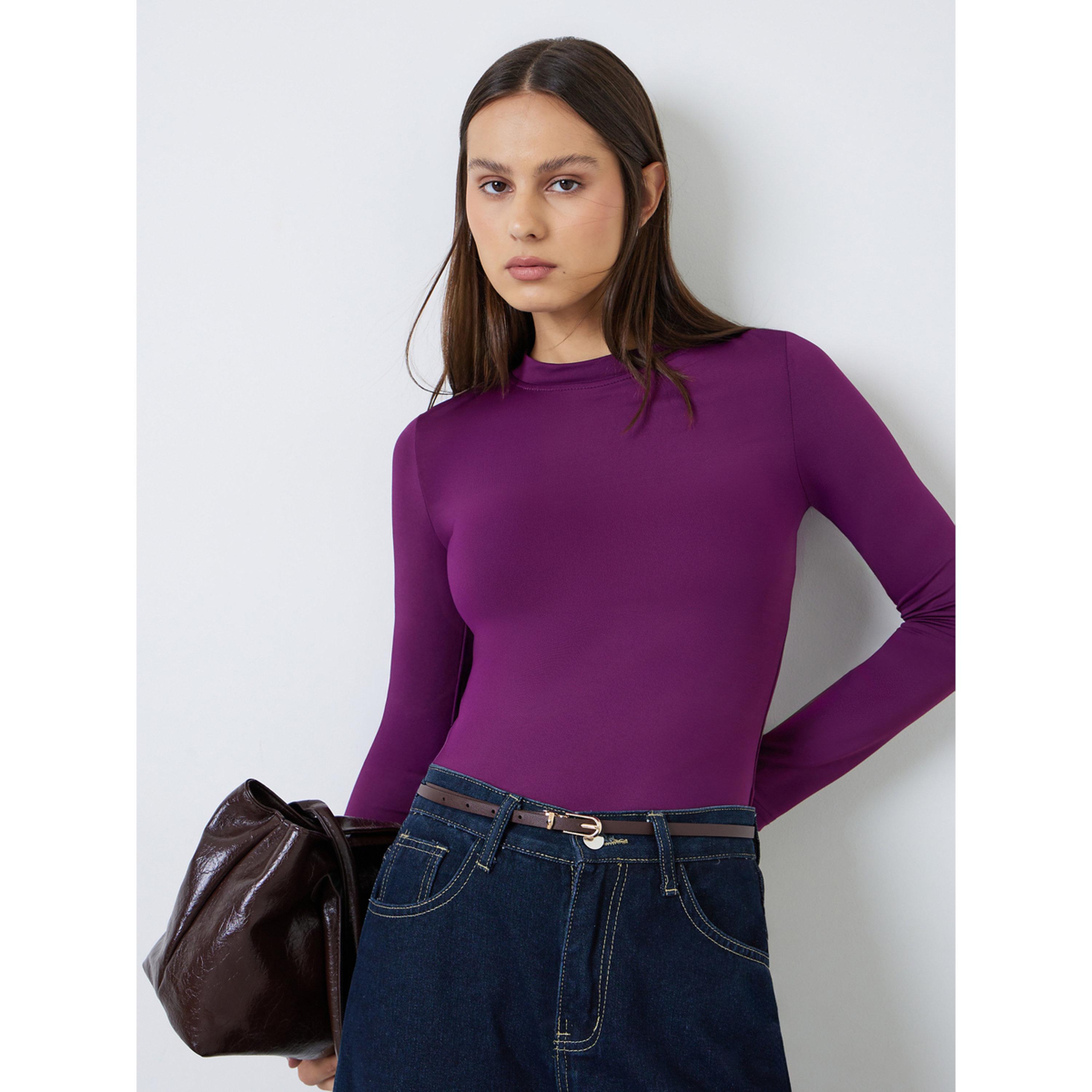 Styli Purple Fitted Mock Neck T-Shirt-women-clothing-tshirts-image-4