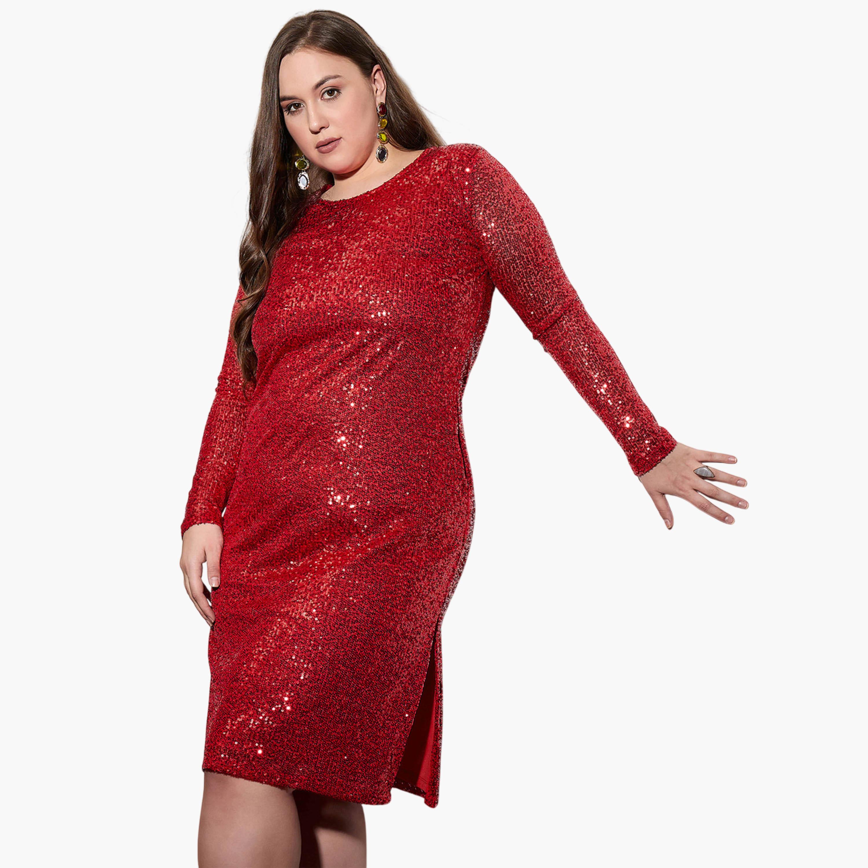 ساسافراس × ستايلي - فستان أحمر لامع بأكمام طويلة يصل إلى الركبة-women-clothing-dresses-image-1