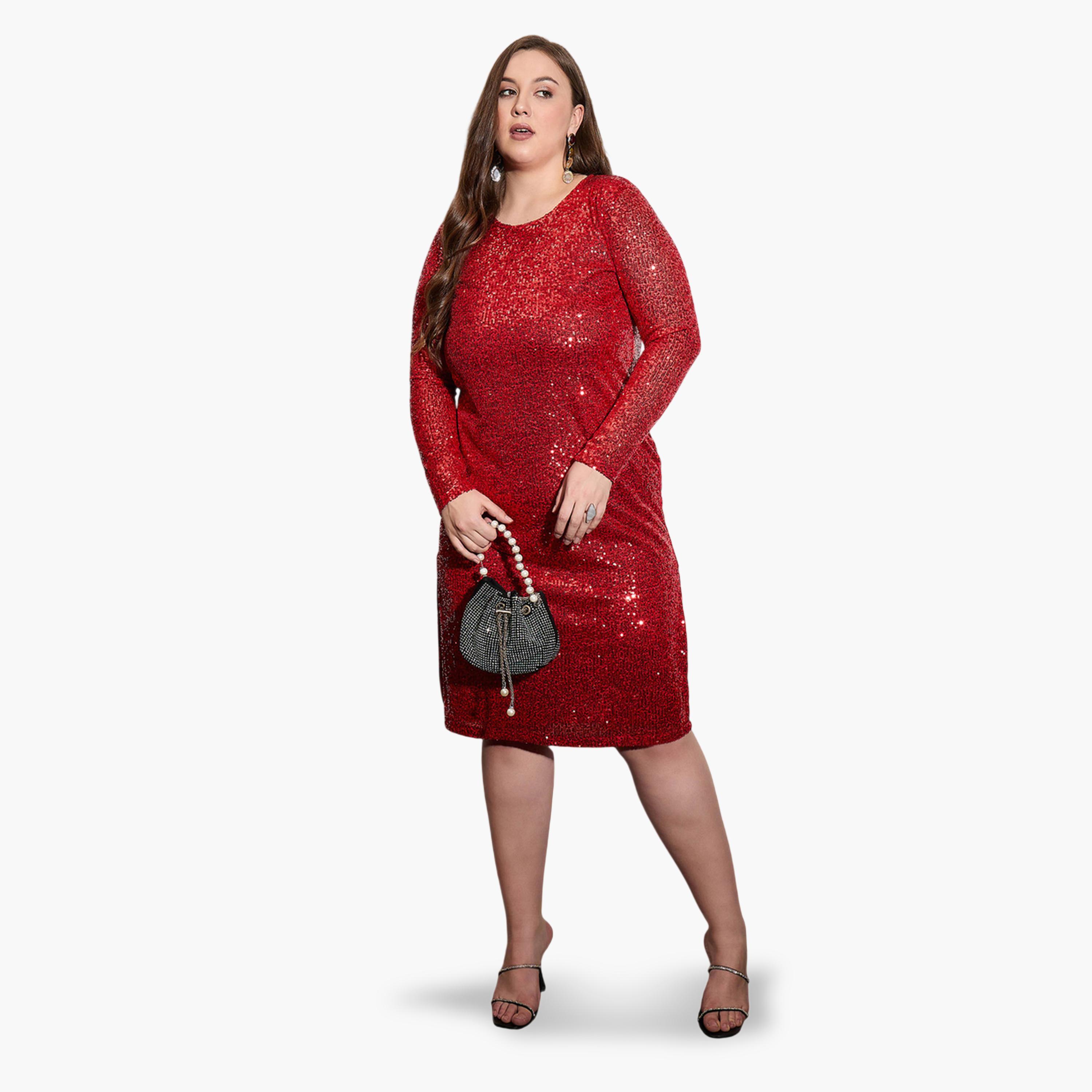 ساسافراس × ستايلي - فستان أحمر لامع بأكمام طويلة يصل إلى الركبة-women-clothing-dresses-image-2