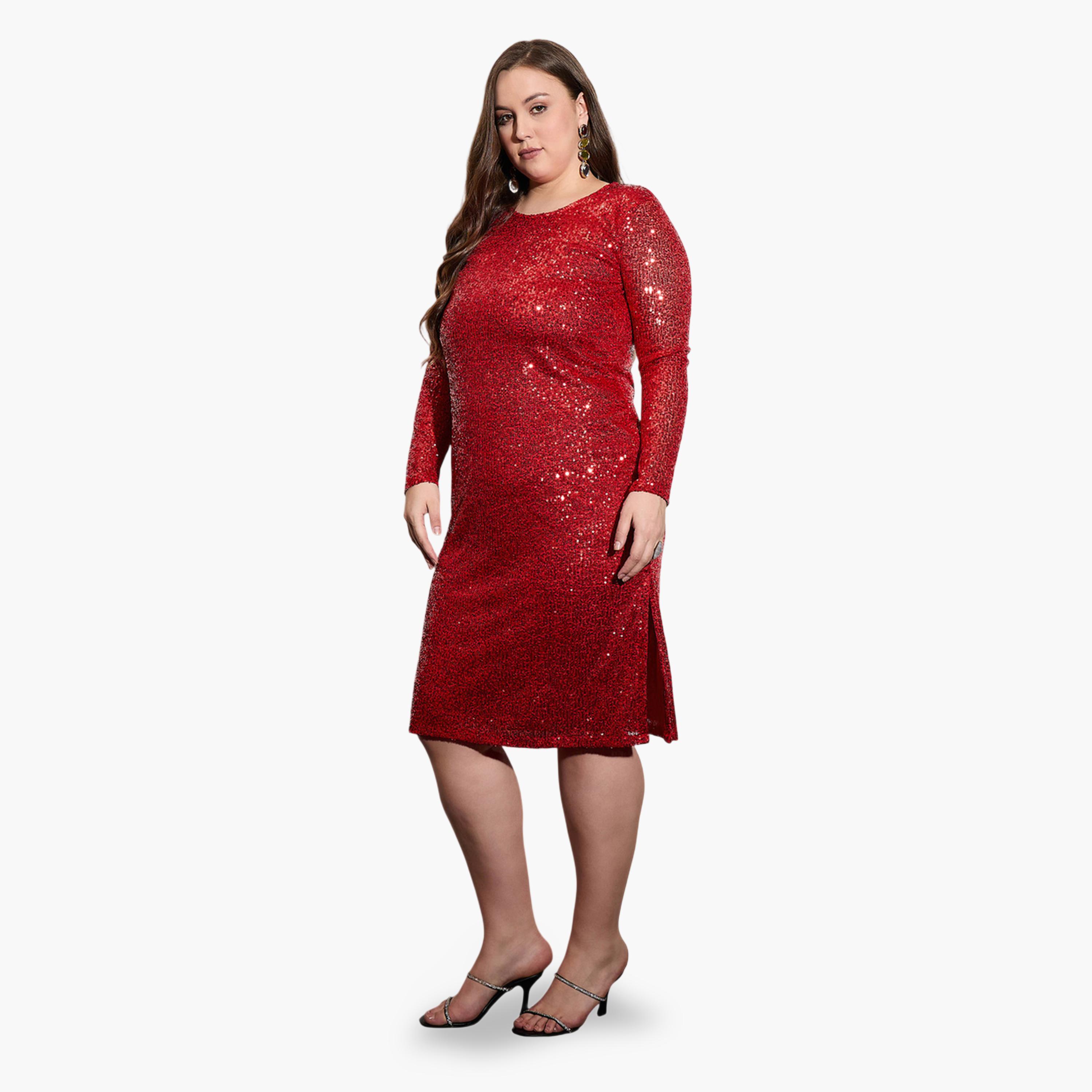 ساسافراس × ستايلي - فستان أحمر لامع بأكمام طويلة يصل إلى الركبة-women-clothing-dresses-image-3