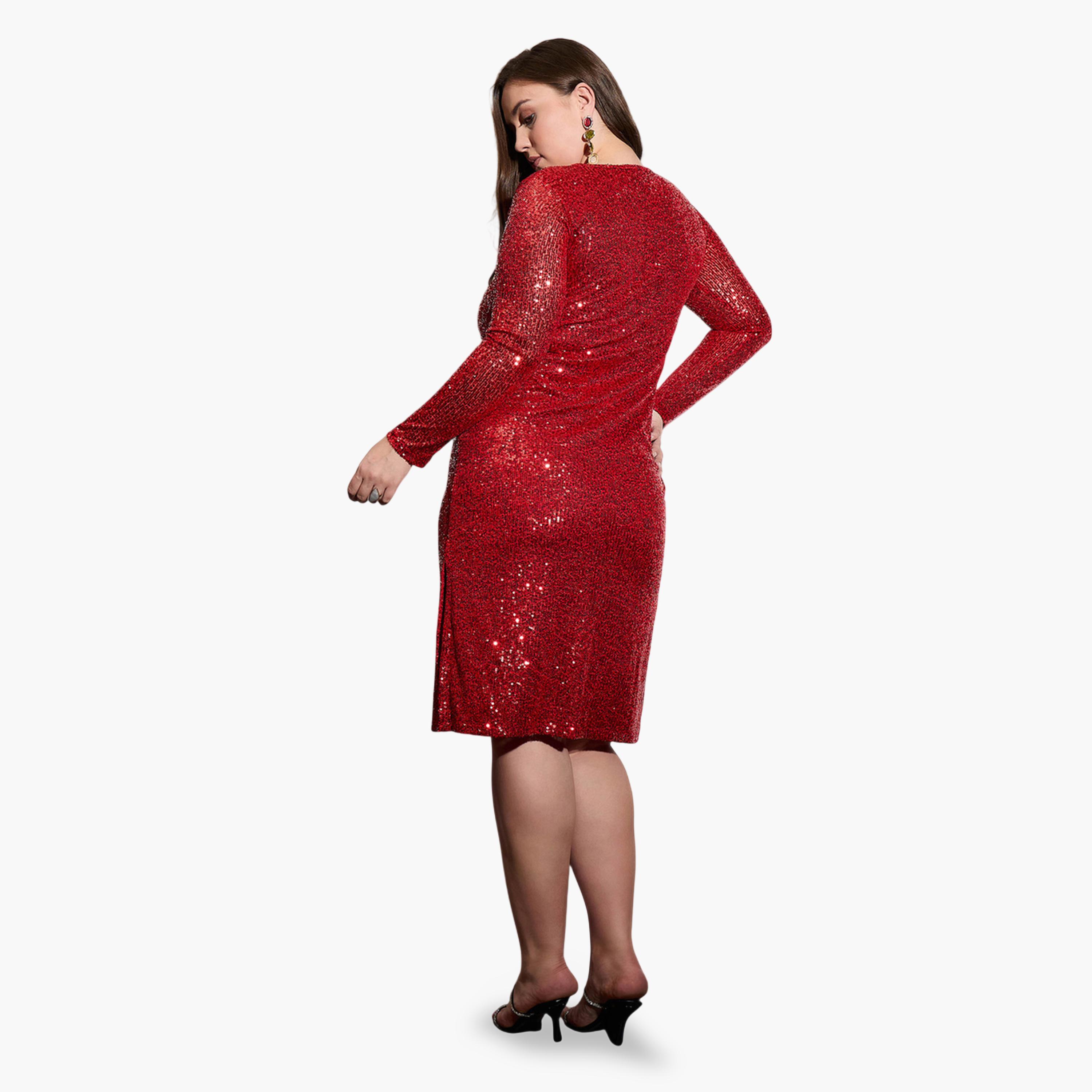 ساسافراس × ستايلي - فستان أحمر لامع بأكمام طويلة يصل إلى الركبة-women-clothing-dresses-image-4