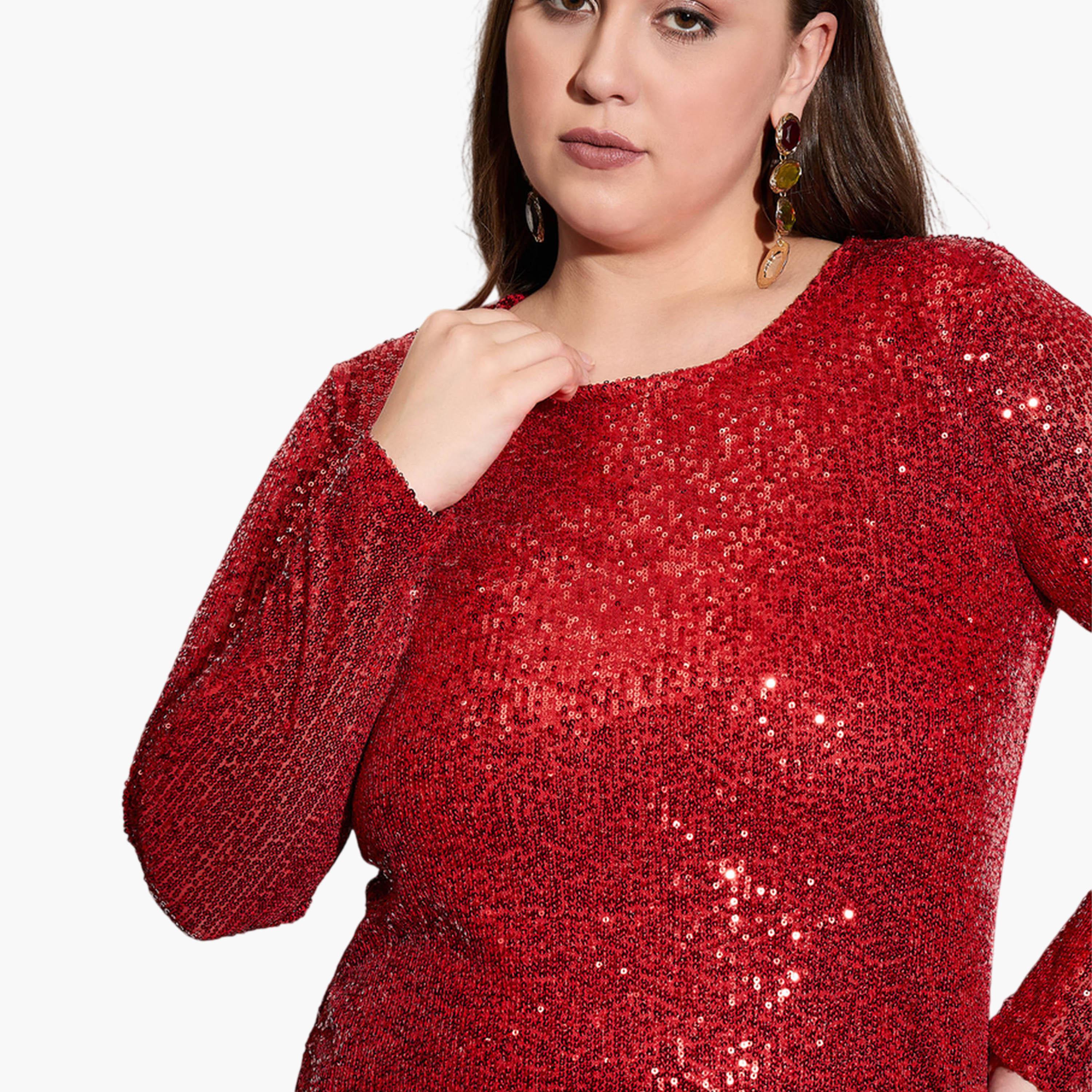 ساسافراس × ستايلي - فستان أحمر لامع بأكمام طويلة يصل إلى الركبة-women-clothing-dresses-image-5