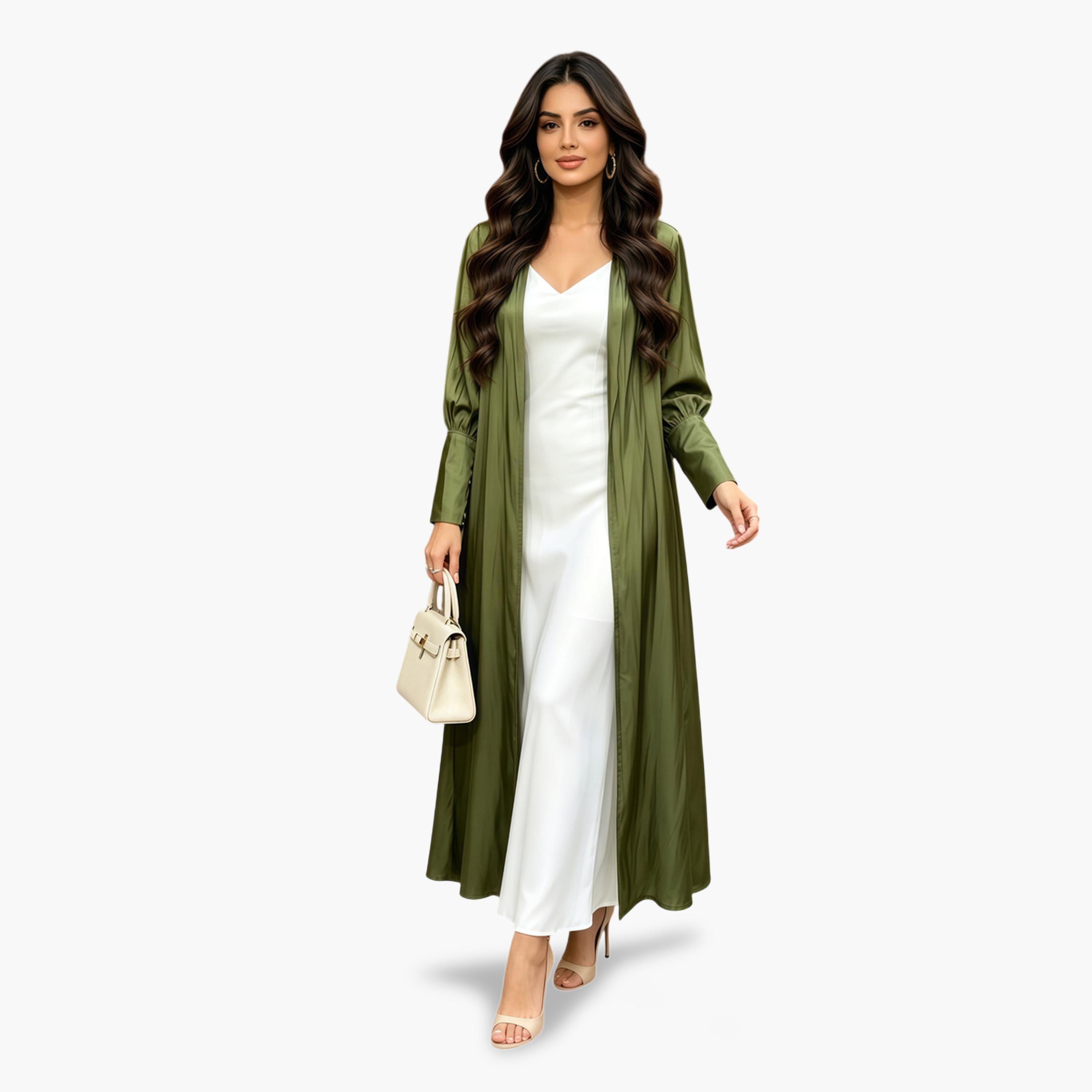 Take Two Green Plain Bishop Sleeves Abaya-women-arabicclothing-abayas-image-1