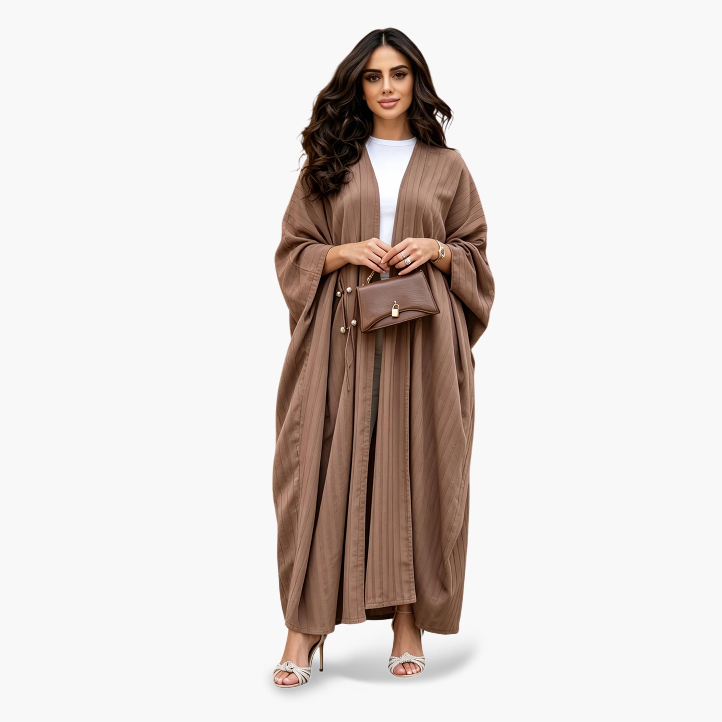 Take Two Coffee Brown Striped Batwing Sleeve Abaya-women-arabicclothing-abayas-image-1