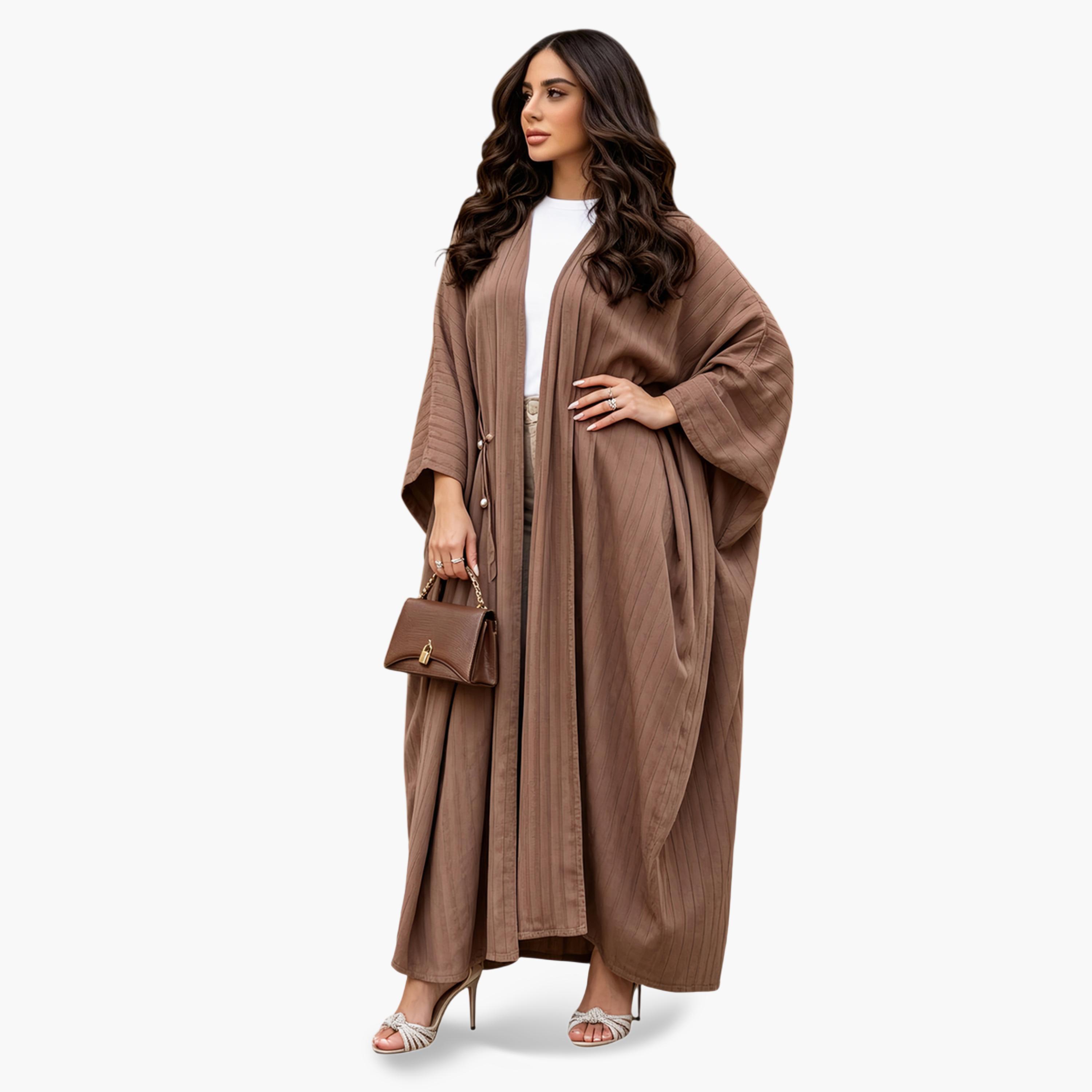 Take Two Coffee Brown Striped Batwing Sleeve Abaya-women-arabicclothing-abayas-image-2