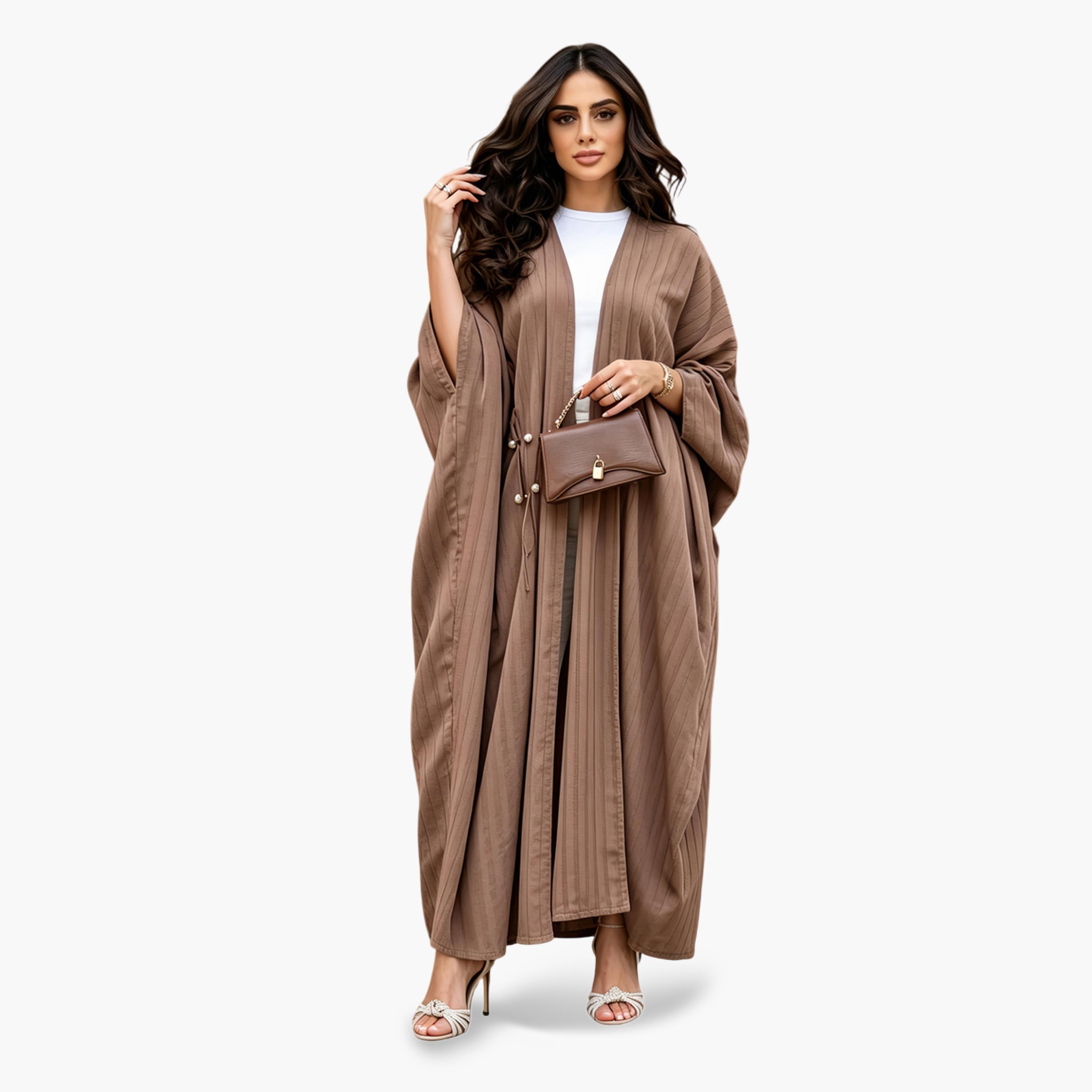 Take Two Coffee Brown Striped Batwing Sleeve Abaya-women-arabicclothing-abayas-image-3