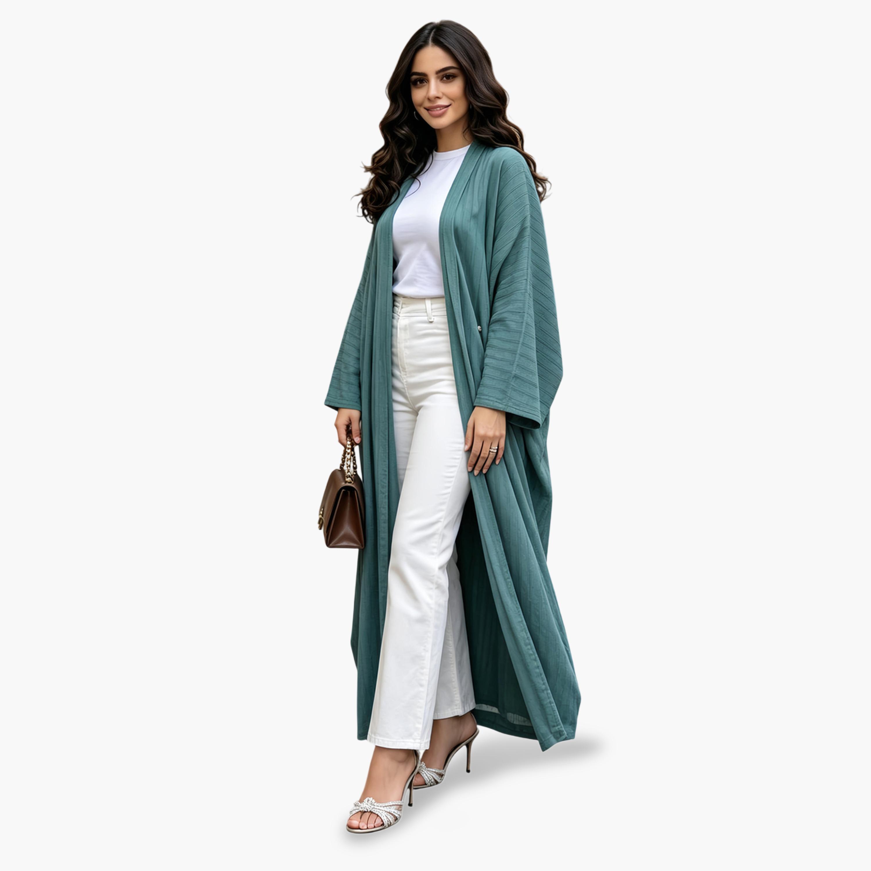 Take Two Green Plain Open Front Abaya-women-arabicclothing-abayas-image-4