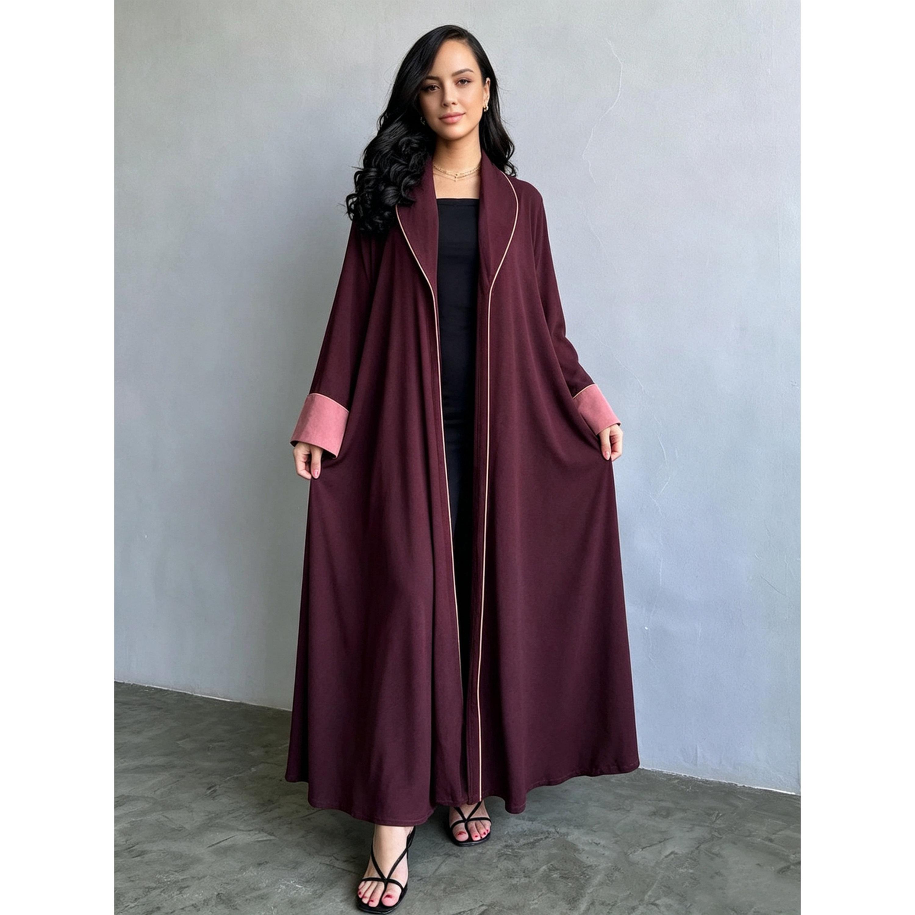 Take Two Burgundy Pleated Abaya with Shawl Collar-women-arabicclothing-abayas-image-1