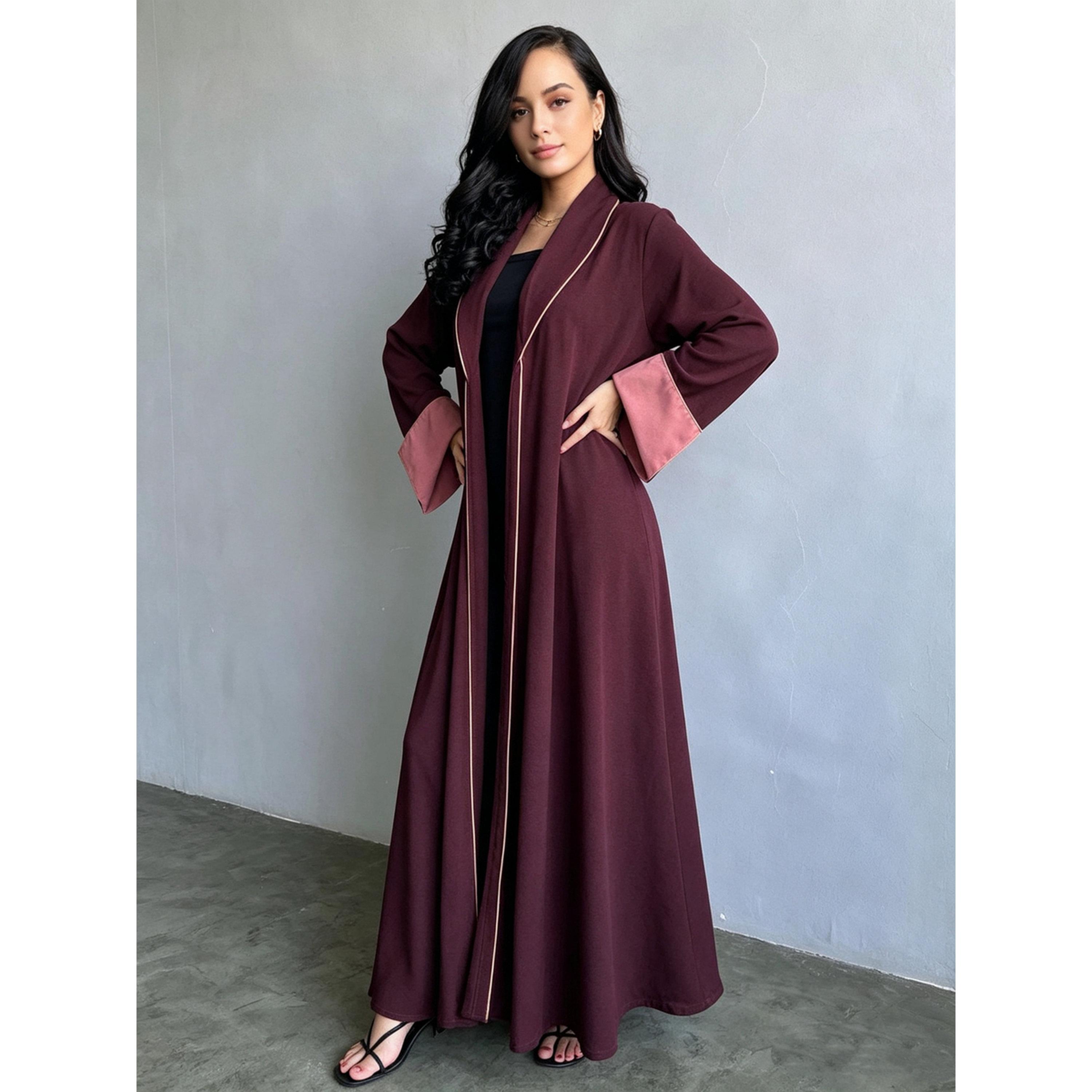 Take Two Burgundy Pleated Abaya with Shawl Collar-women-arabicclothing-abayas-image-2