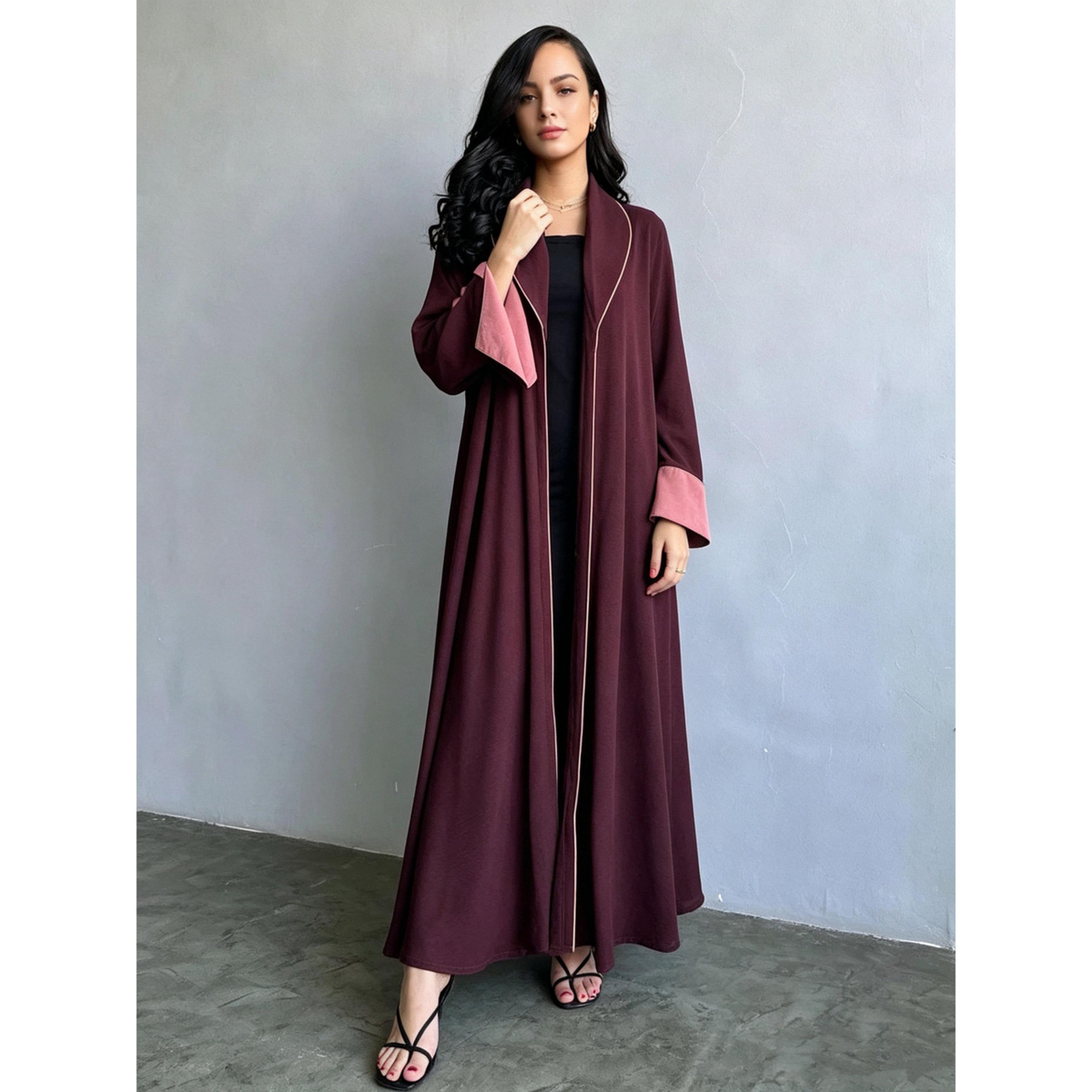 Take Two Burgundy Pleated Abaya with Shawl Collar-women-arabicclothing-abayas-image-3