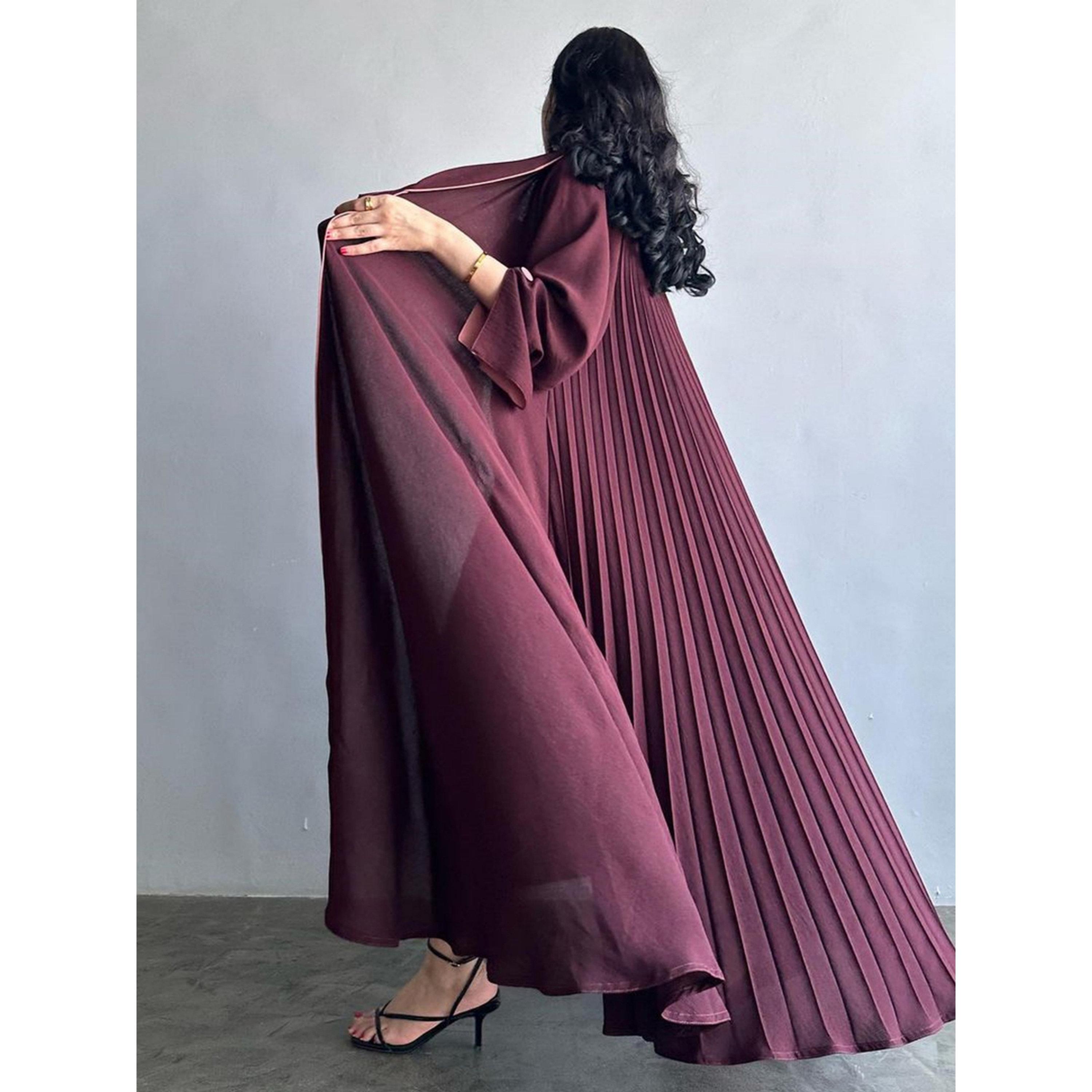 Take Two Burgundy Pleated Abaya with Shawl Collar-women-arabicclothing-abayas-image-4