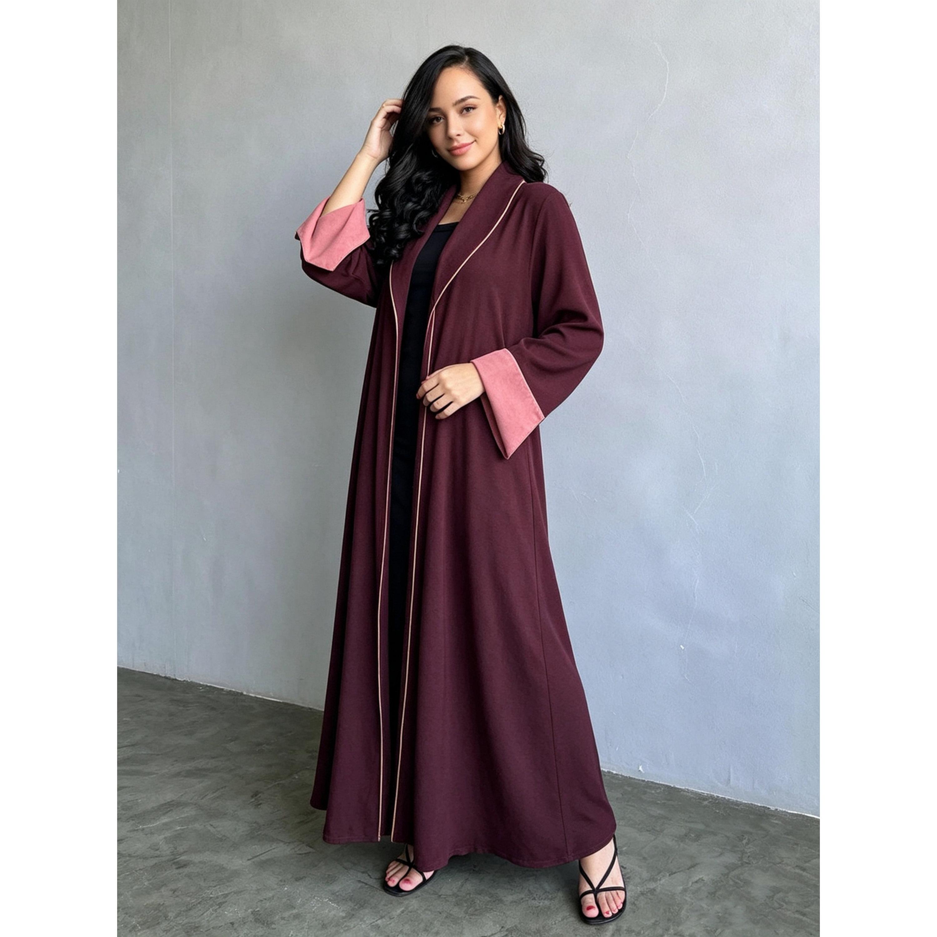 Take Two Burgundy Pleated Abaya with Shawl Collar-women-arabicclothing-abayas-image-5