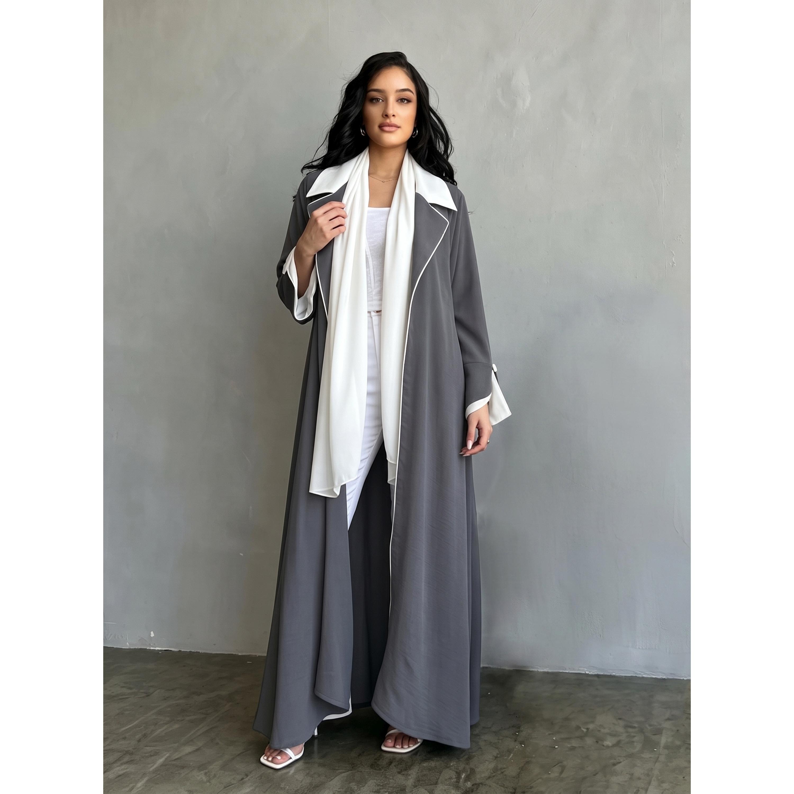 Take Two Grey Collared Abaya with Contrast Piping-women-arabicclothing-abayas-image-1