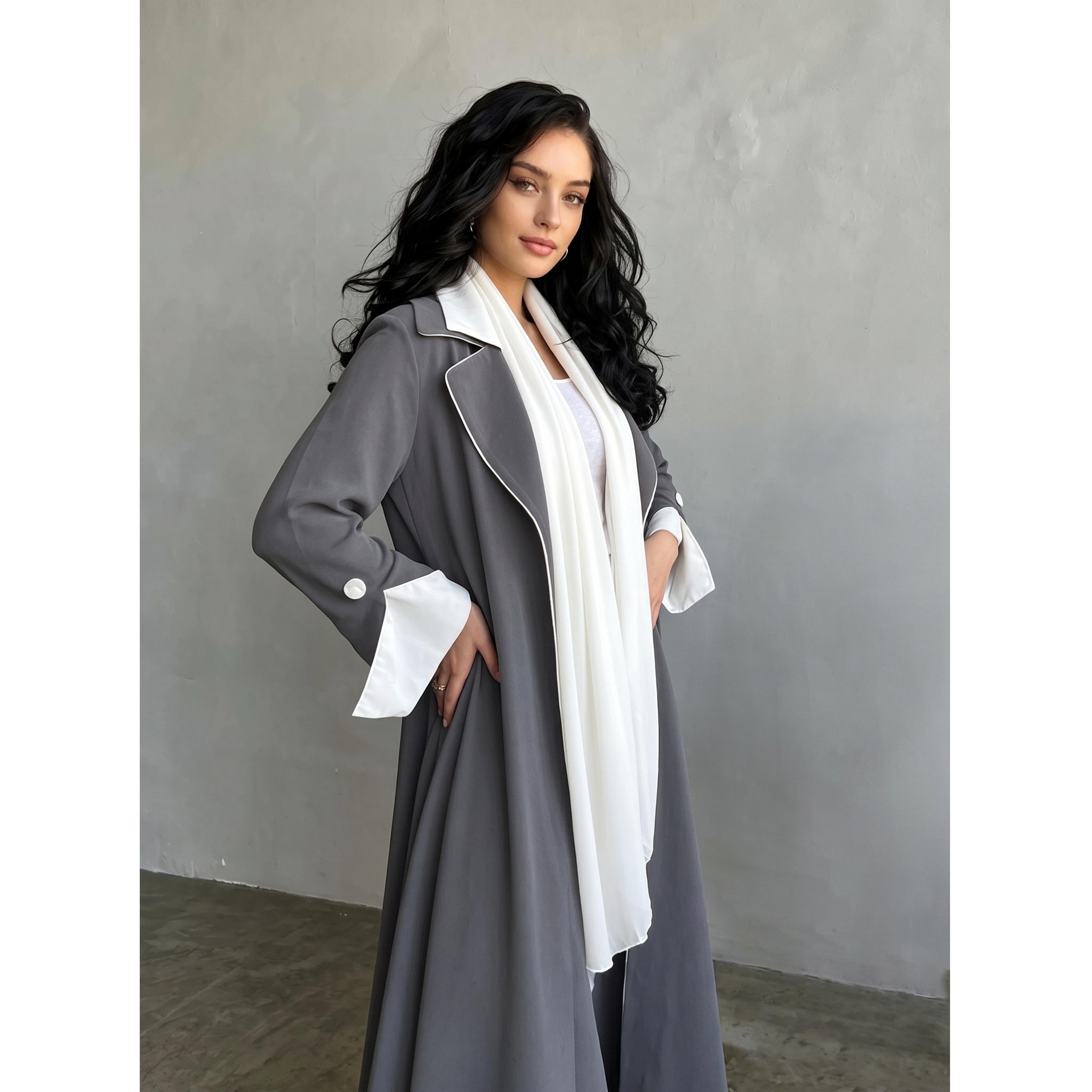 Take Two Grey Collared Abaya with Contrast Piping-women-arabicclothing-abayas-image-2