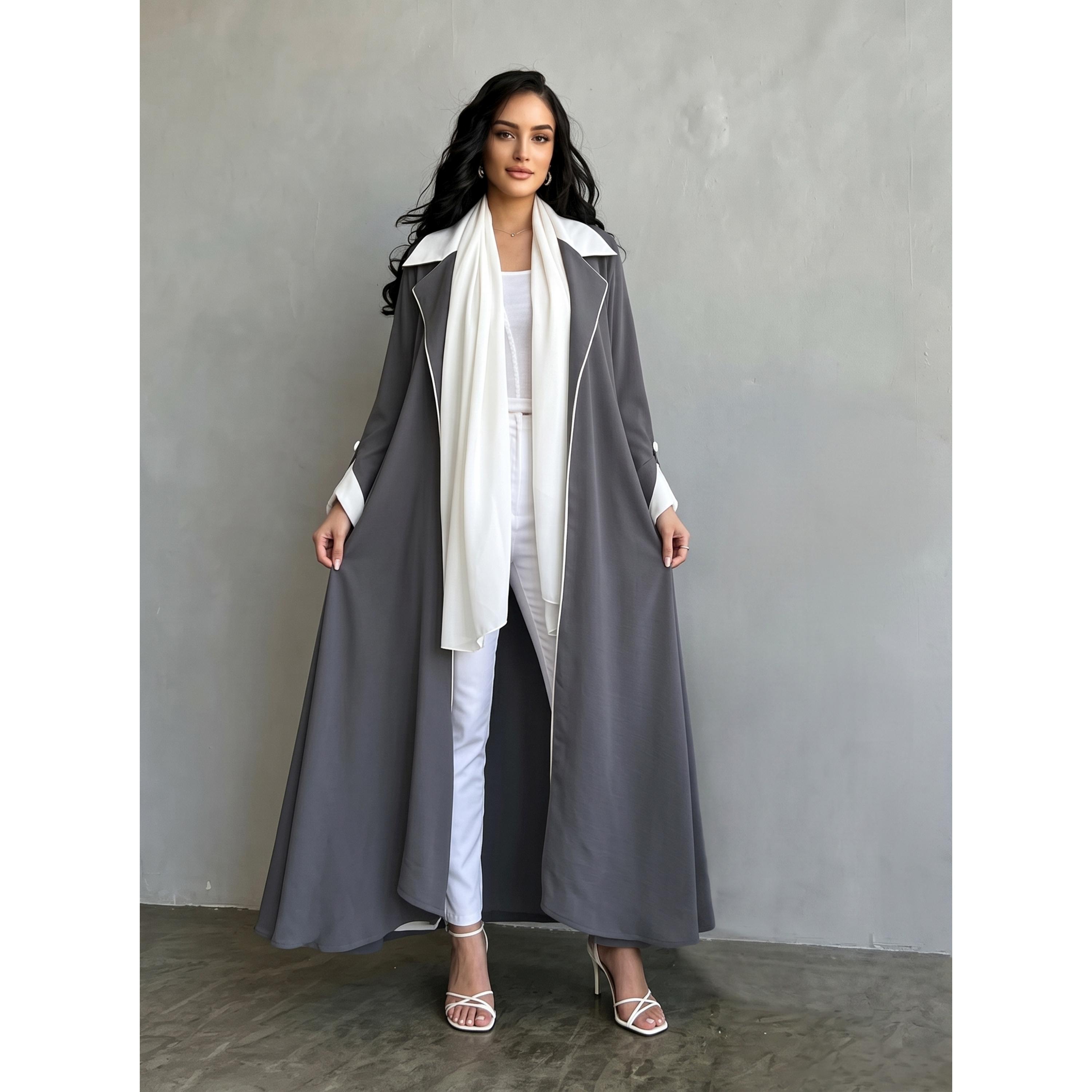 Take Two Grey Collared Abaya with Contrast Piping-women-arabicclothing-abayas-image-3