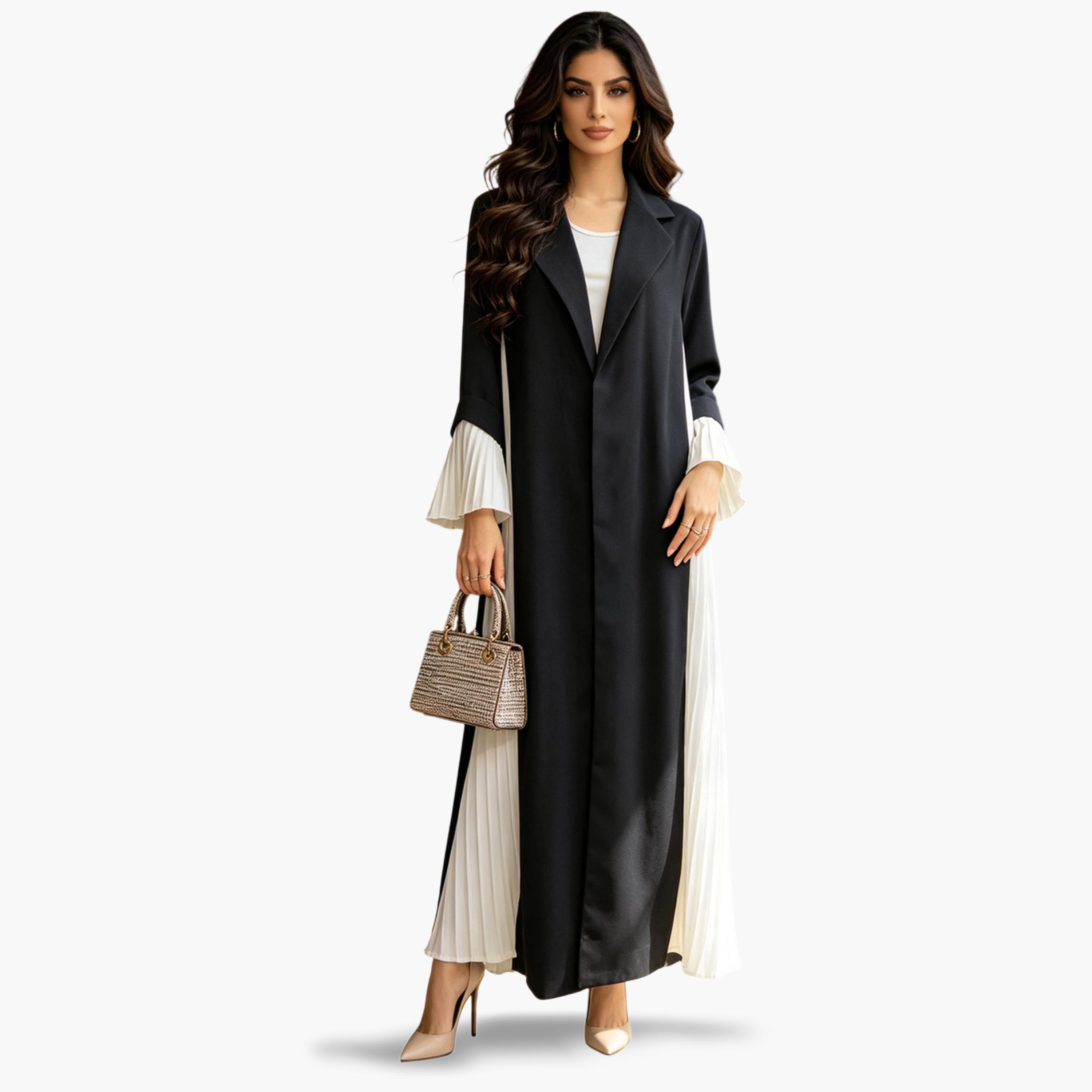 Take Two Two Tone Pleated Abaya with Notch Lapel-women-arabicclothing-abayas-image-1