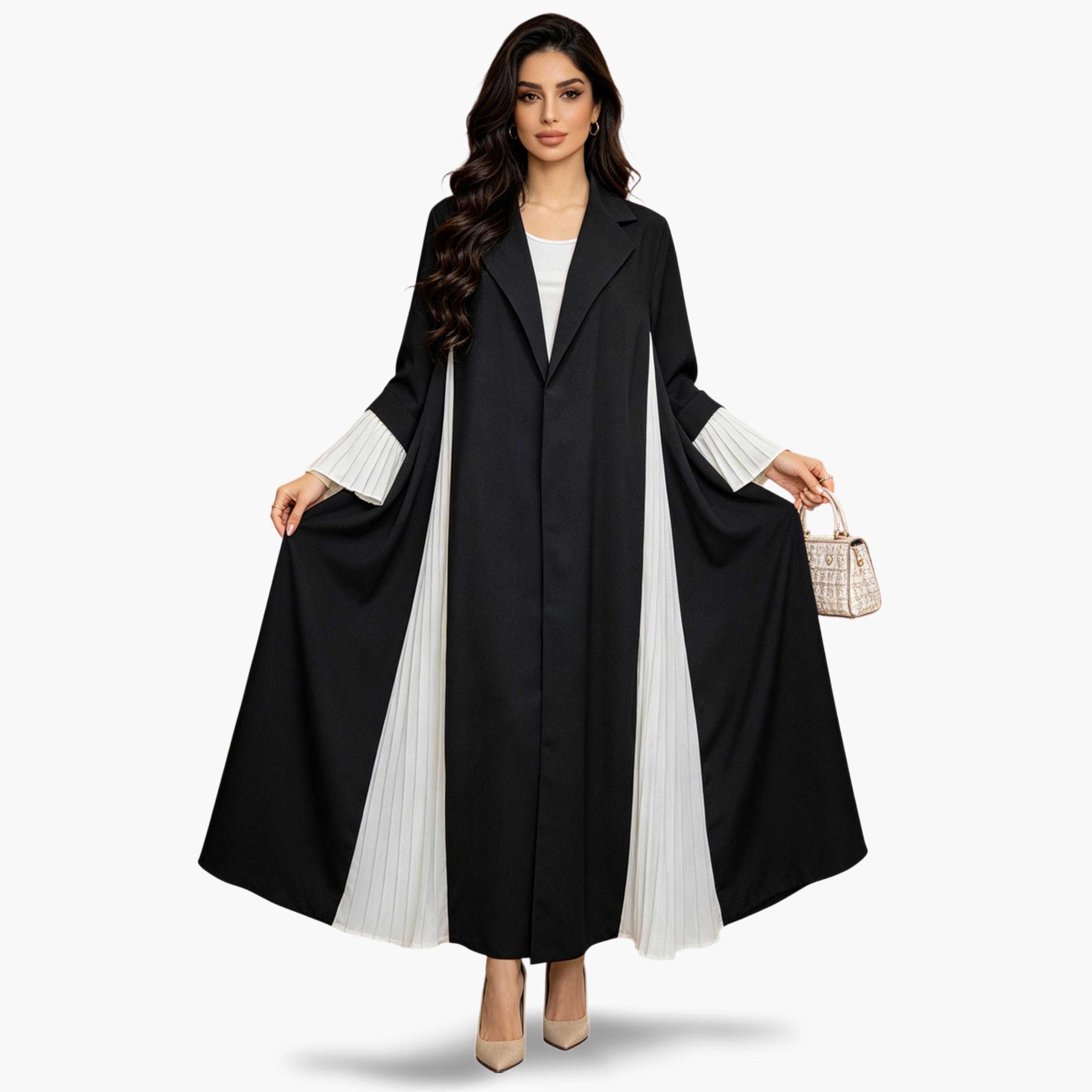 Take Two Two Tone Pleated Abaya with Notch Lapel-women-arabicclothing-abayas-image-2