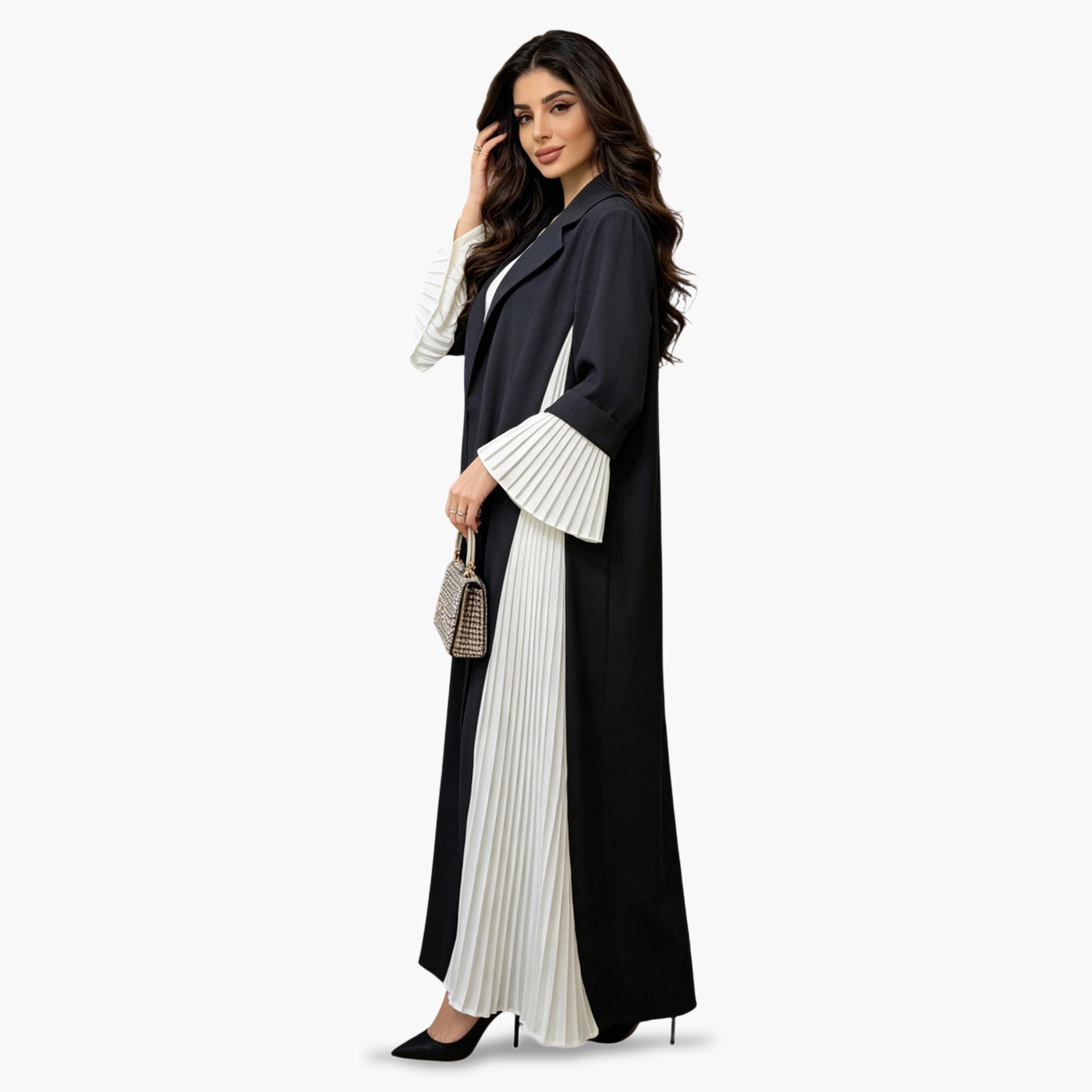 Take Two Two Tone Pleated Abaya with Notch Lapel-women-arabicclothing-abayas-image-3