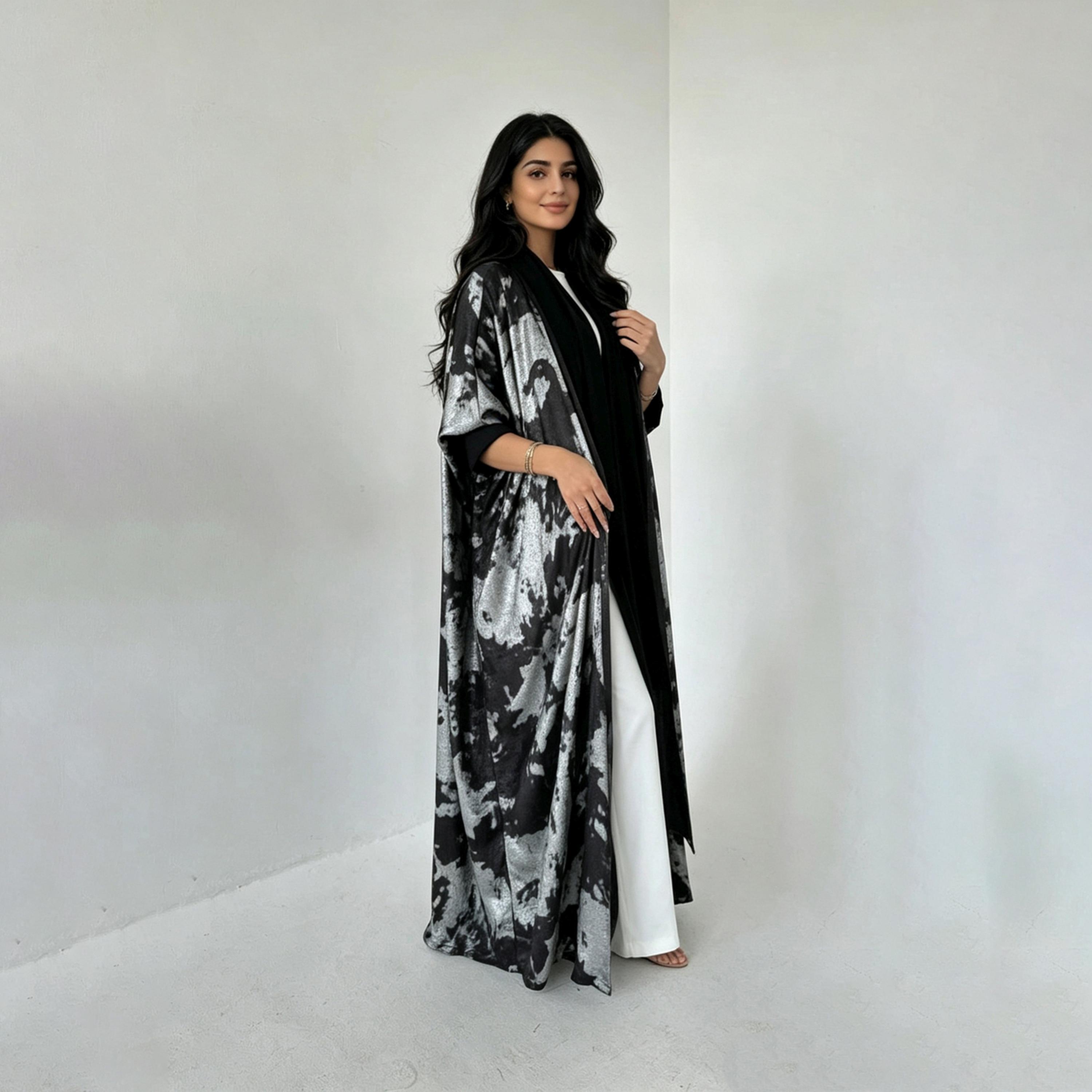 Take Two Silver Abstract Print Open Front Abaya-women-arabicclothing-abayas-image-1