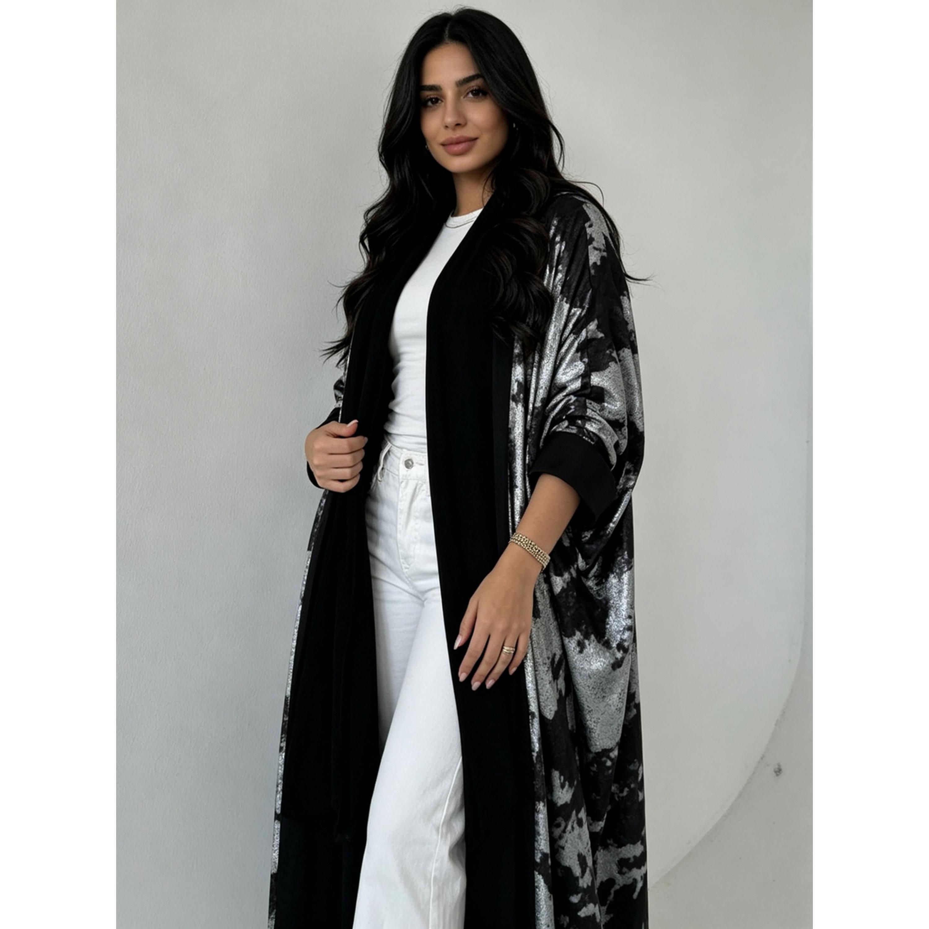Take Two Silver Abstract Print Open Front Abaya-women-arabicclothing-abayas-image-3