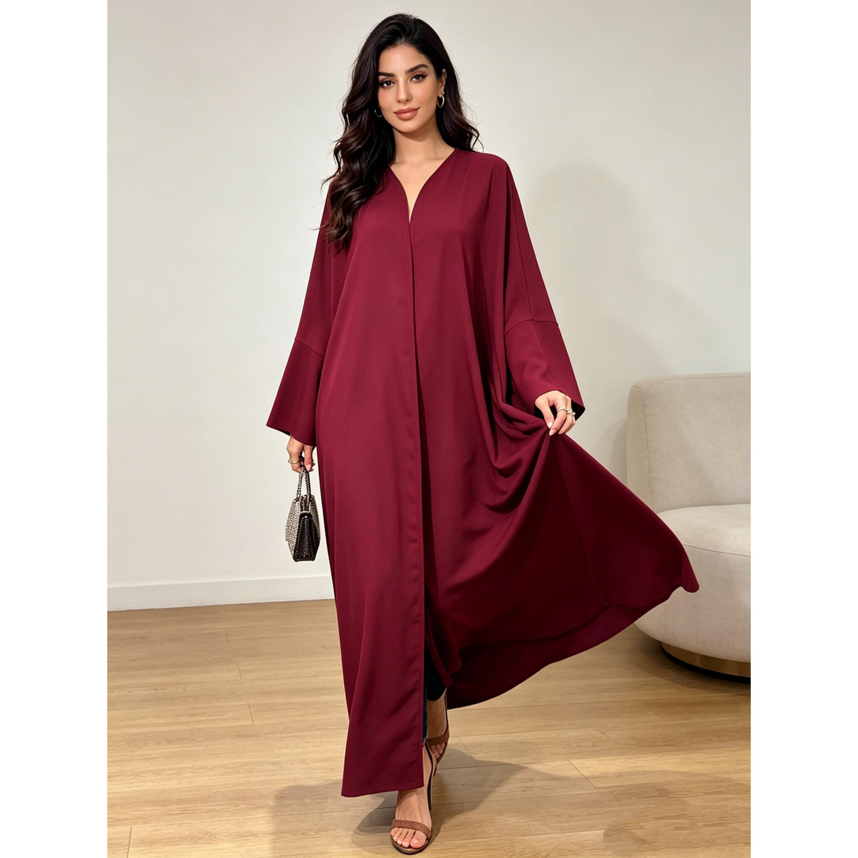 Take Two Burgundy Plain Abaya for Daytime Wear-women-arabicclothing-abayas-image-1