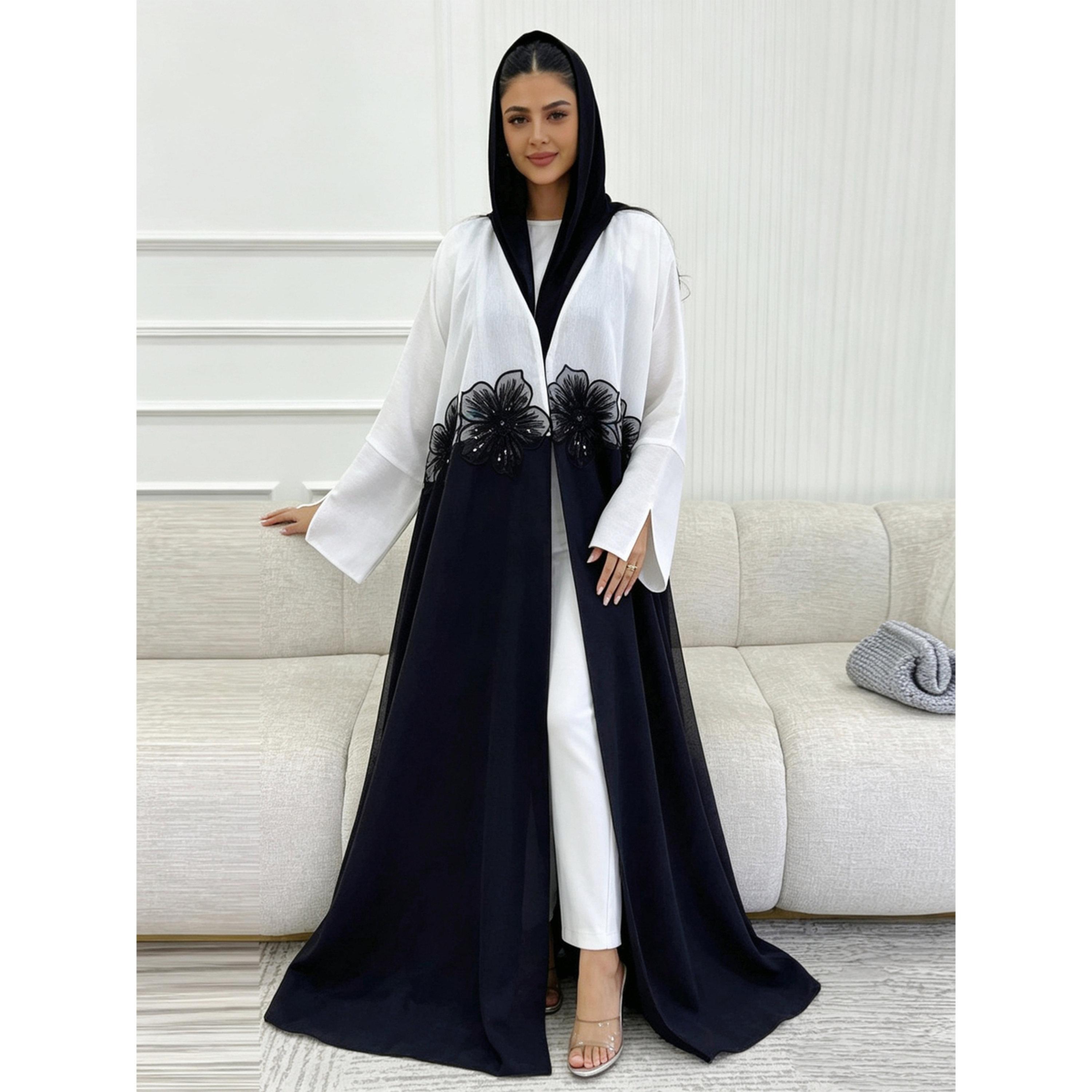 Take Two White Two Tone Floral Detail Abaya-women-arabicclothing-abayas-image-1
