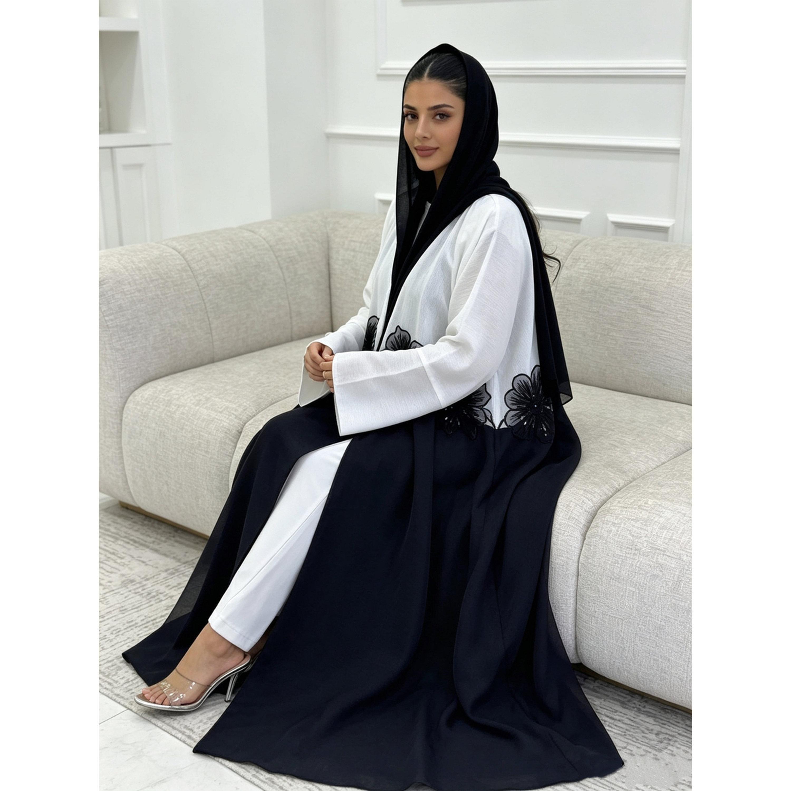 Take Two White Two Tone Floral Detail Abaya-women-arabicclothing-abayas-image-2
