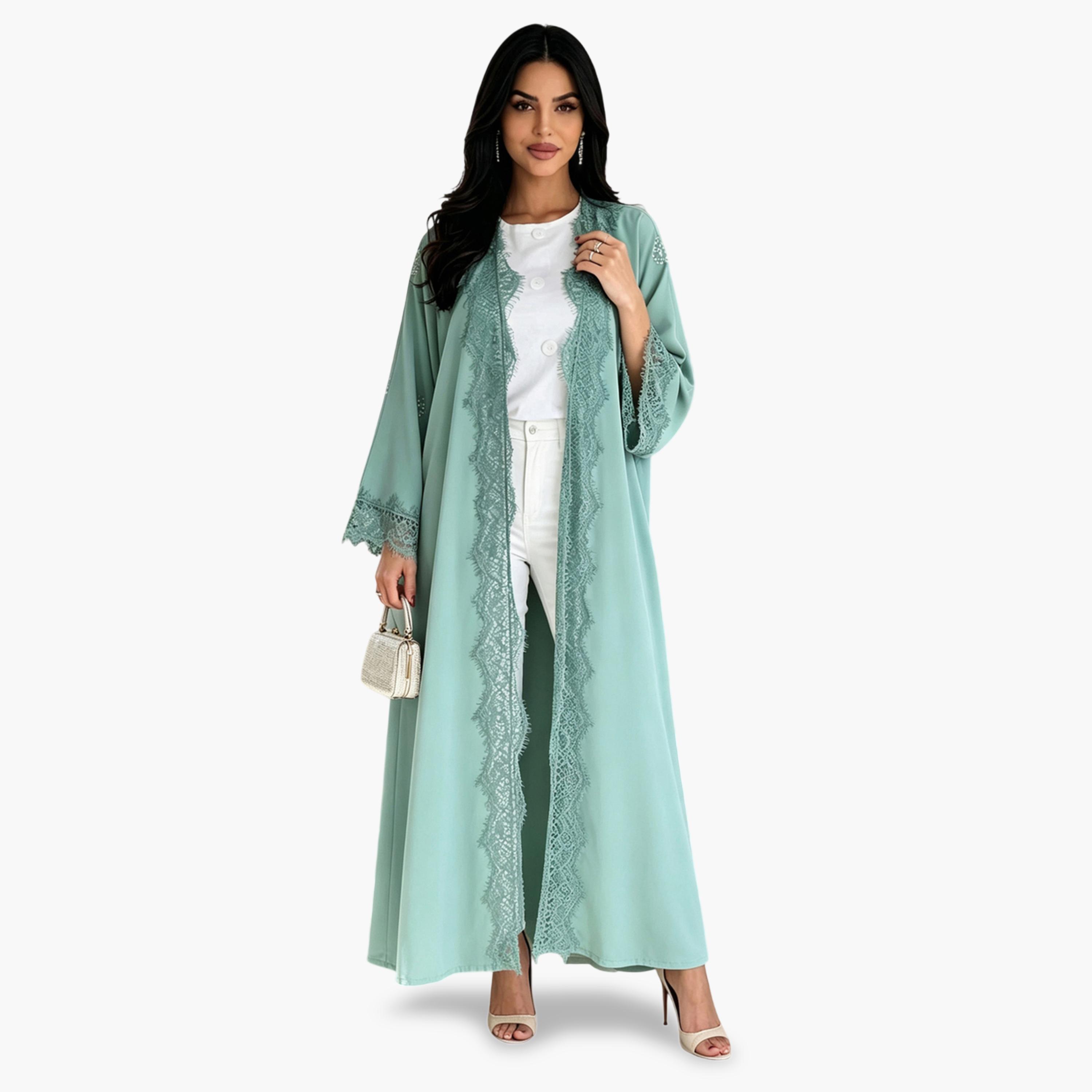 عباية بحواف دانتيل سادة بلون أخضر نعناعي-women-arabicclothing-abayas-image-1